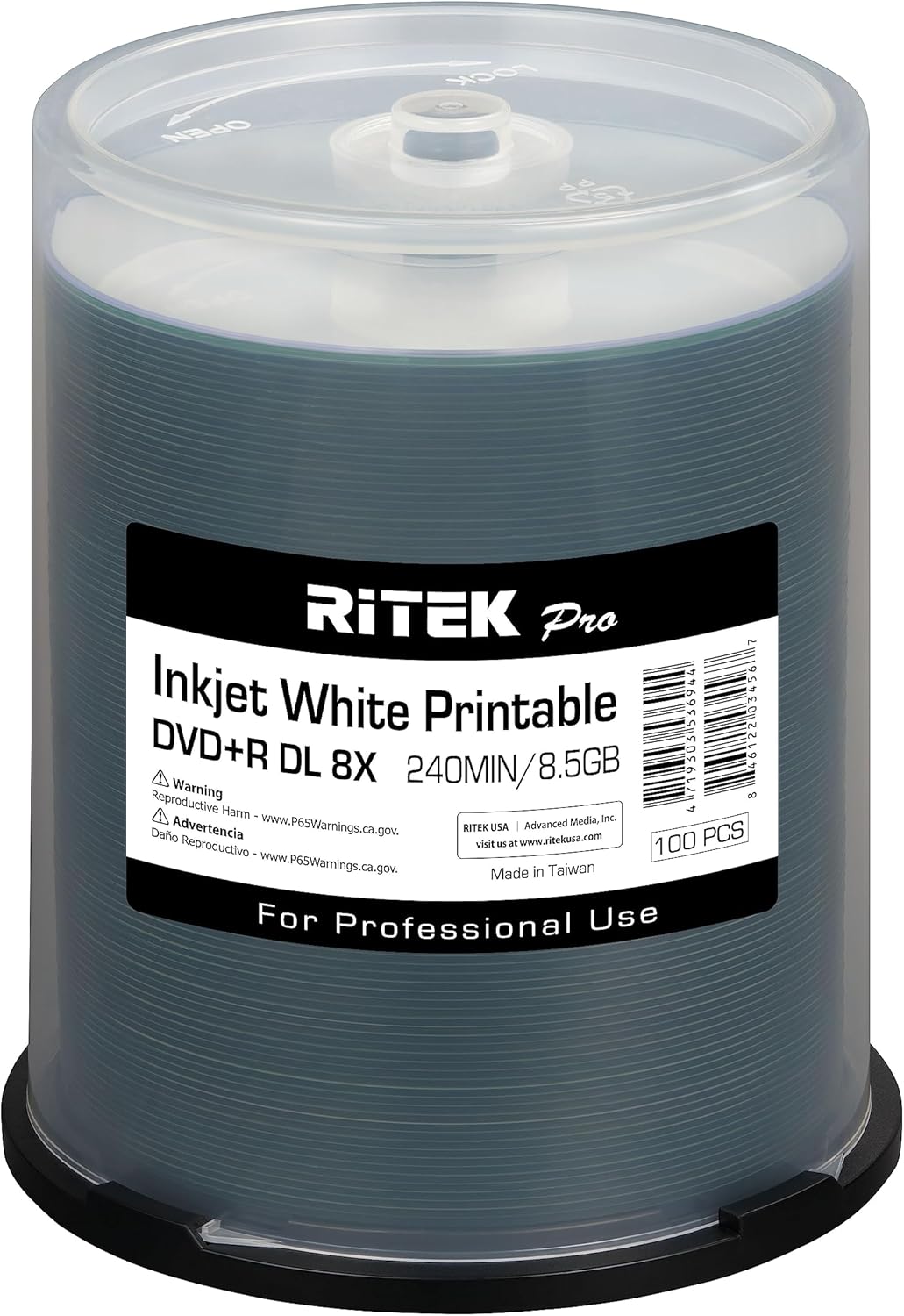 100 Pack Ritek Pro (Professional Grade) DVD+R DL Dual Layer 8X 8.5GB White Inkjet Hub Printable Blank Media Recordable Disc