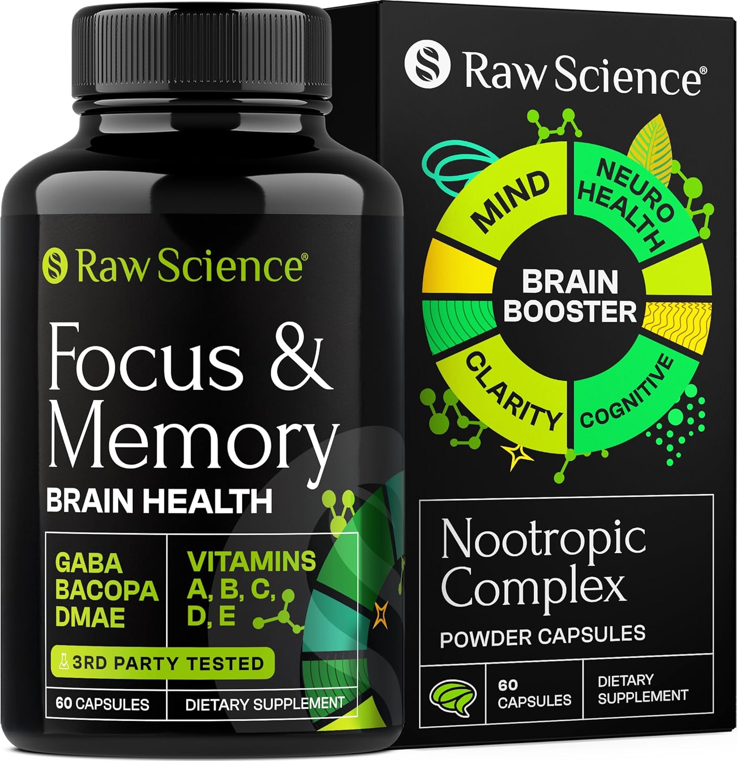 Nootropics Brain Supplements for Memory & Focus with Huperzine A, Phosphatidylserine, DMAE – Brain Health Support: GABA, Choline, DHA, Bacopa Monnieri, Memory Supplement for Brain Support, 60 Capsules