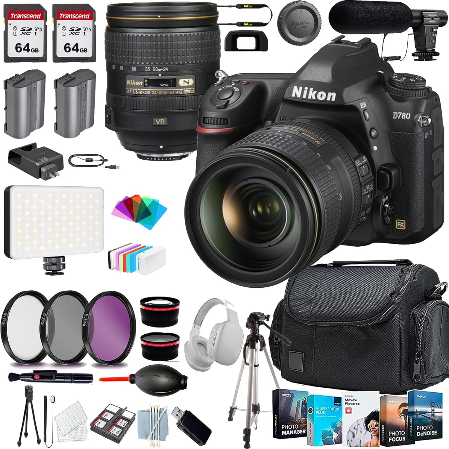 Nikon D780 DSLR Camera with 24-120mm Lens+Shot-Gun Microphone+Photo Software Package+ Case+128 GIG Memory+Headset+LED Light+Tripod(13PC) Bundle (Renewed)