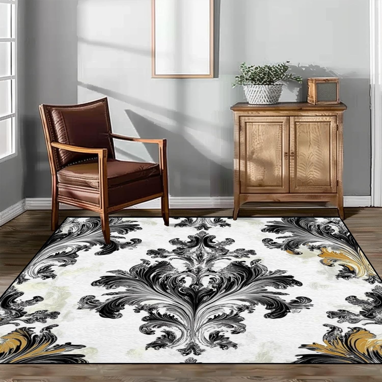 Black Rug for Living Room Area Rug, Art Soft Non-Slip Rug, 5’x7′ Rugs, Pattern Intricate Floral Motifs Accent Carpet for Bedroom Living Room Hallway Outdoor Decor