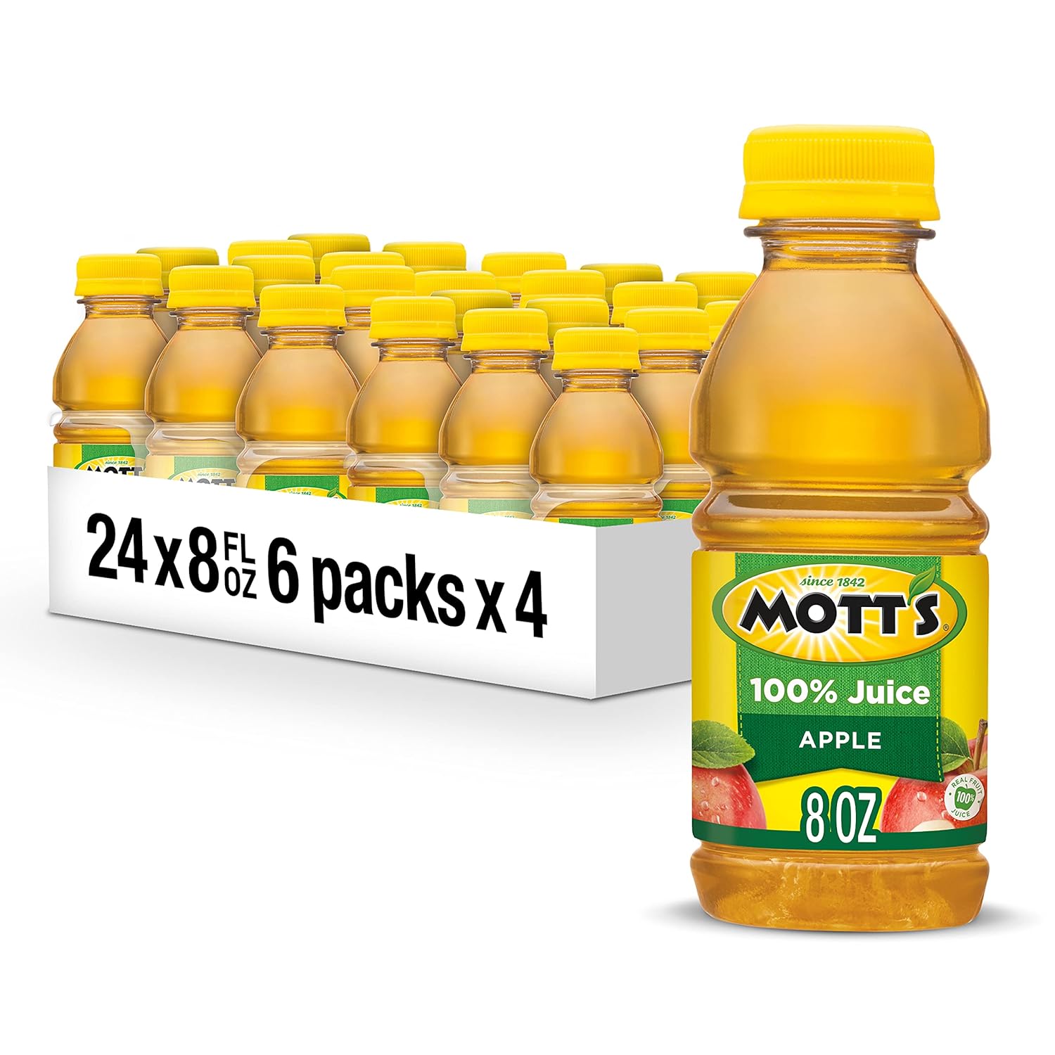 Mott’s 100% Original Apple Juice, 8 Fl Oz Bottles, 24 Count (4 Packs Of 6), 2 Servings Of Fruit, 100% Fruit Juice, Gluten-free, Caffeine-free, Kosher, Contains No Artificial Colors Or Sweeteners