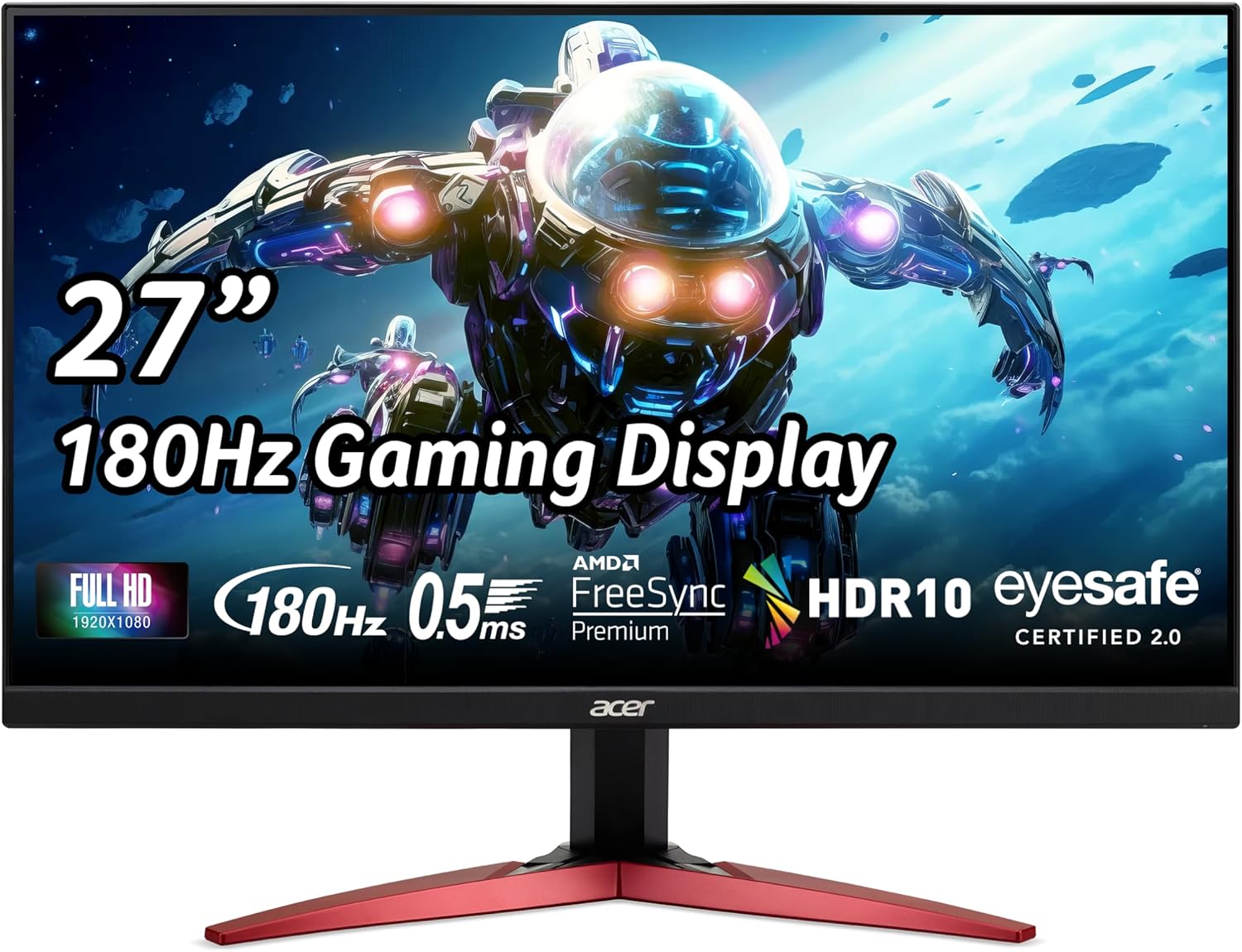 Acer Nitro 27″ Full HD 1920 x 1080 PC Gaming IPS Monitor | AMD FreeSync Premium | 180Hz Refresh | Up to 0.5ms | HDR10 Support | 99% sRGB | 1 x Display Port 1.2 & 2 x HDMI 2.0 | KG271 M3biip,Black