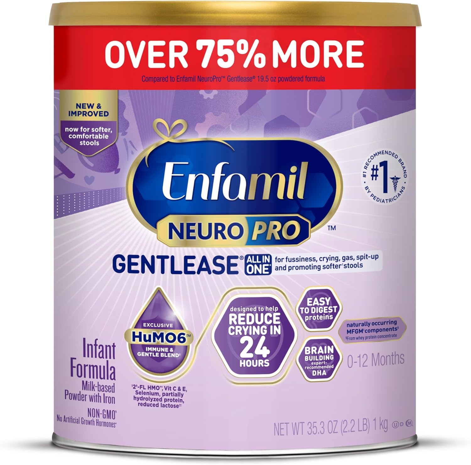 Enfamil NeuroPro Gentlease Baby Formula, Brain Building DHA, HuMO6 Immune Blend, Designed to Reduce Fussiness, Crying, Gas & Spit-up in 24 Hrs, Prebiotics to Promote Softer Stools, Baby Milk, 35.3 oz