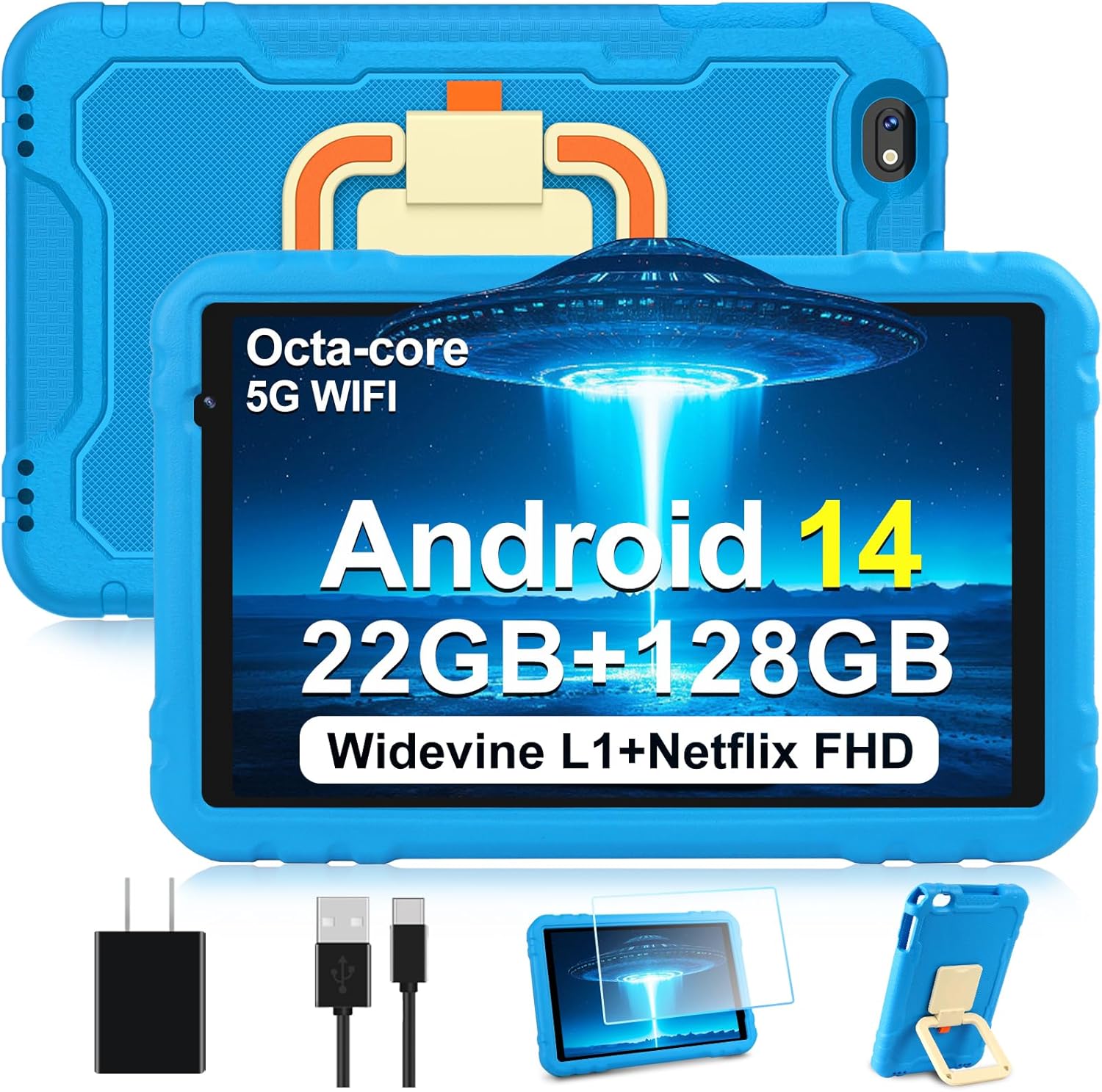 2025 Android 14 Tablet, 10 inch Tablets 22GB+128GB +1TB Expand, 8000mAh Octa-Core Tablet w/ Drop-proof Case, HD IPS Display, GPS, 5G WIFI, Split Screen,Widevine L1, for Adults and Kids -Metal Blue