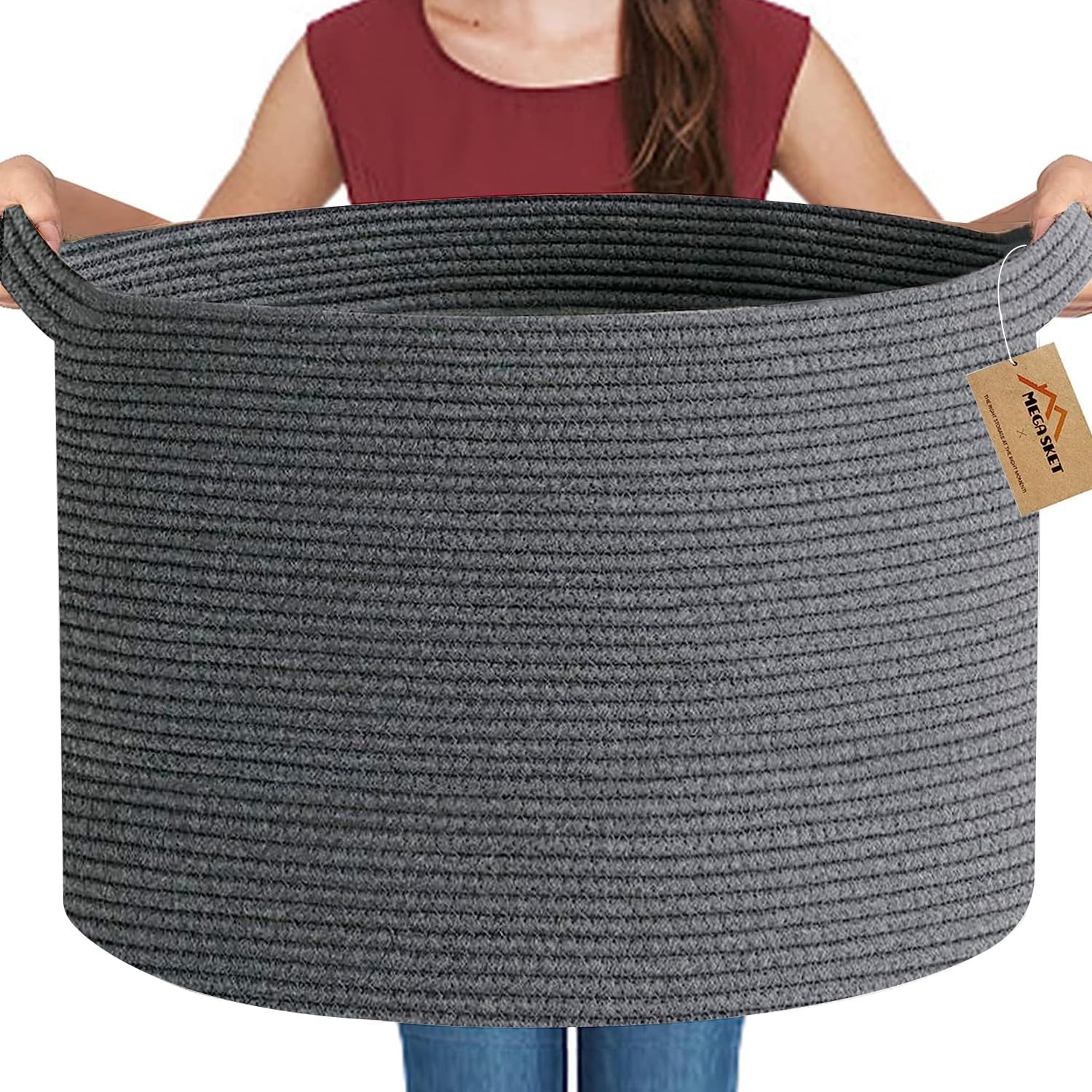 Large Dark Grey Storage Basket, Woven Cotton Rope Baskets for Storage, Big Blanket Organizer Storage Basket for Living Room, Kids Room Toy Storage Organizer Box, Blanket Keeper (22″x14″)