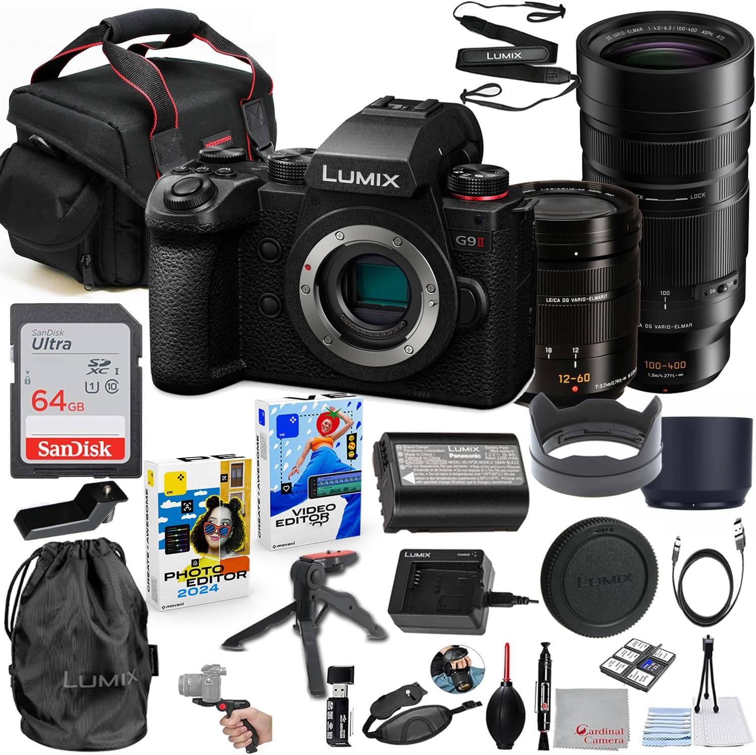 Panasonic Lumix G9 II Mirrorless Camera Bundle with 12-60mm f/2.8-4 & 100-400mm f/4-6.3 II Lens + Accessory Kit with 64GB Memory, Grip Tripod, Carry Case, Editing Software Package & More (34 Items)