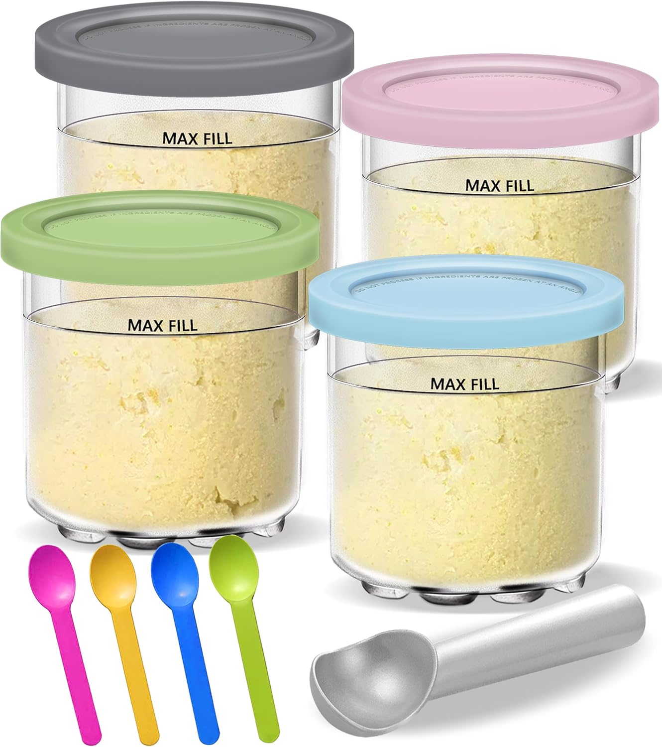 Creami Pints and Lids for Ninja – 4 pack Creamy Icecream Containers Cups Jars Tubs Canisters Set, Smoothie Pot Compatible with NC299AMZ & NC300s Series Creamer Ice Cream Maker Machine Accessories