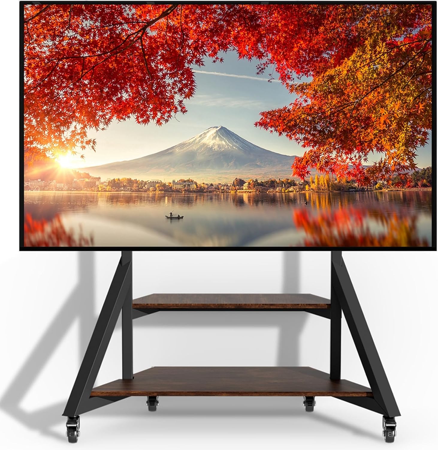 unho Mobile TV Floor Stand with Wheels Shelves for 65 to 100 inch Large LCD/LED Flat Curved Screen up to 220lbs, Adjustable Heights TV Mount Stands VESA 800x600mm, Rolling TV Stand for Bedroom Office