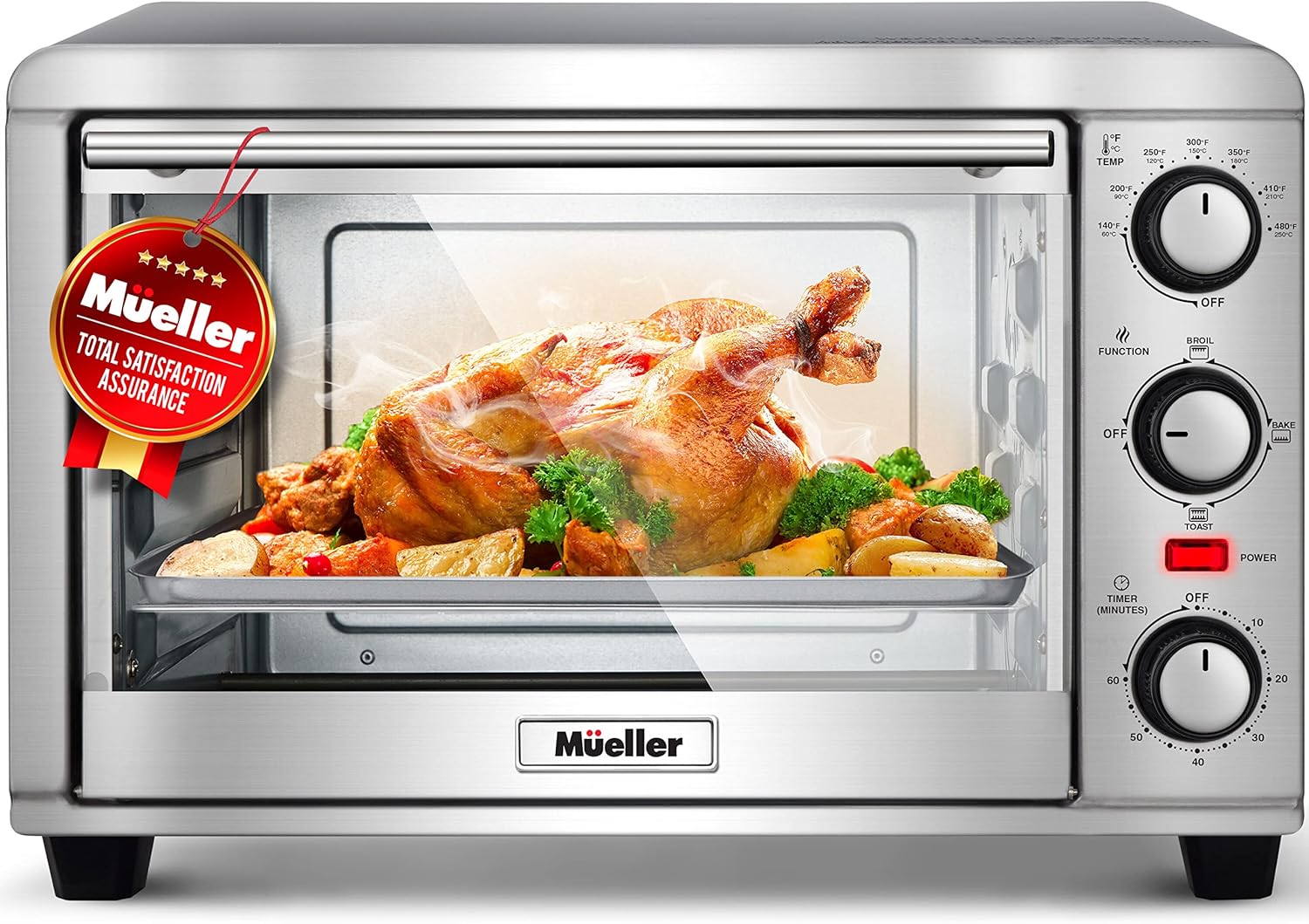 Mueller AeroHeat Convection Toaster Oven, 8 Slice, Broil, Toast, Bake, Stainless Steel Finish, Timer, Auto-Off – Sound Alert, 3 Rack Position, Removable Crumb Tray, Accessories and Recipes