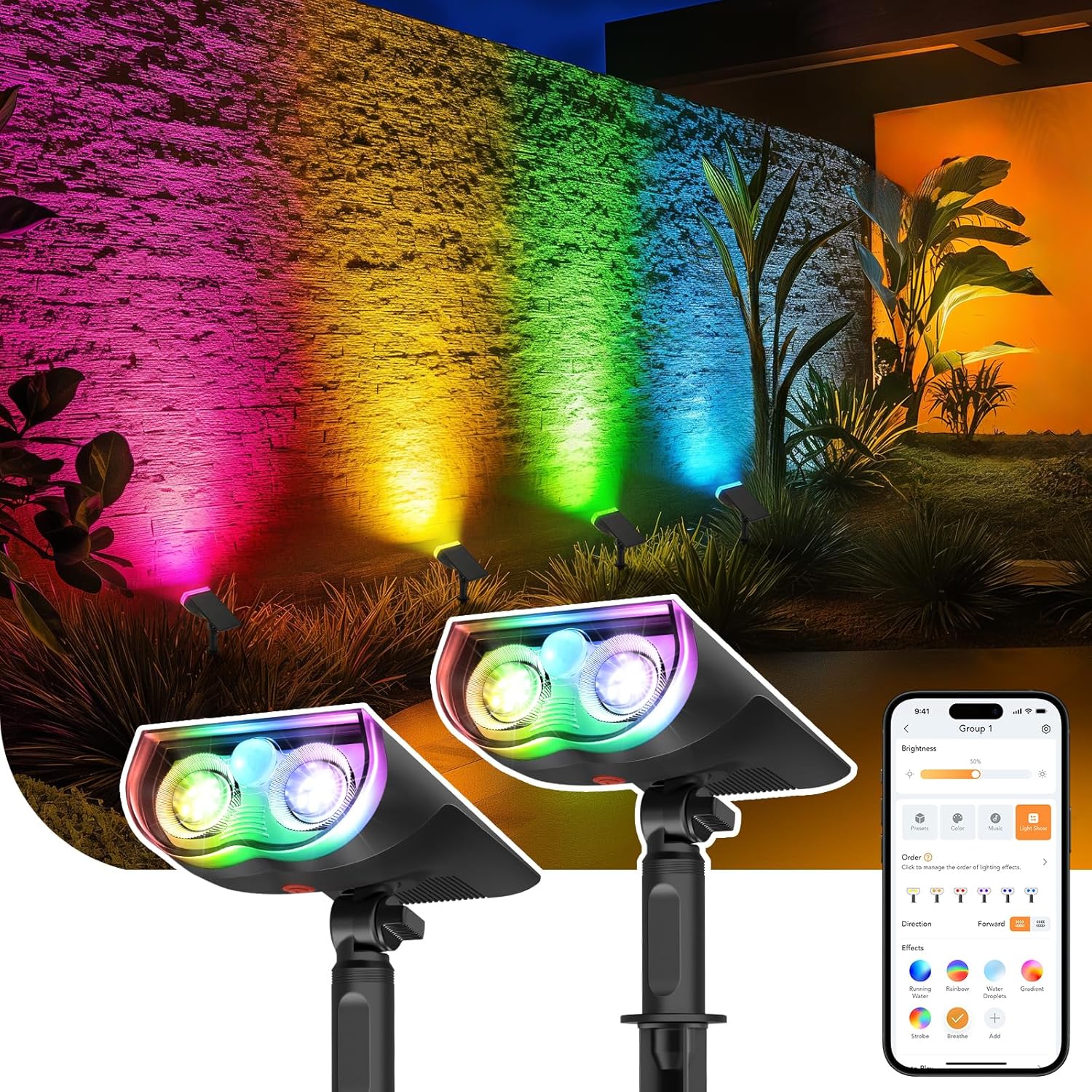 Linkind Smart Solar Lights Outdoor SL5, Color Changing Solar Spotlight for Christmas Decorations, APP Control Landscape Lights, IP65 Solar Spot Lights Outdoor, Solar Christmas Lights for Yard(2 Pack)