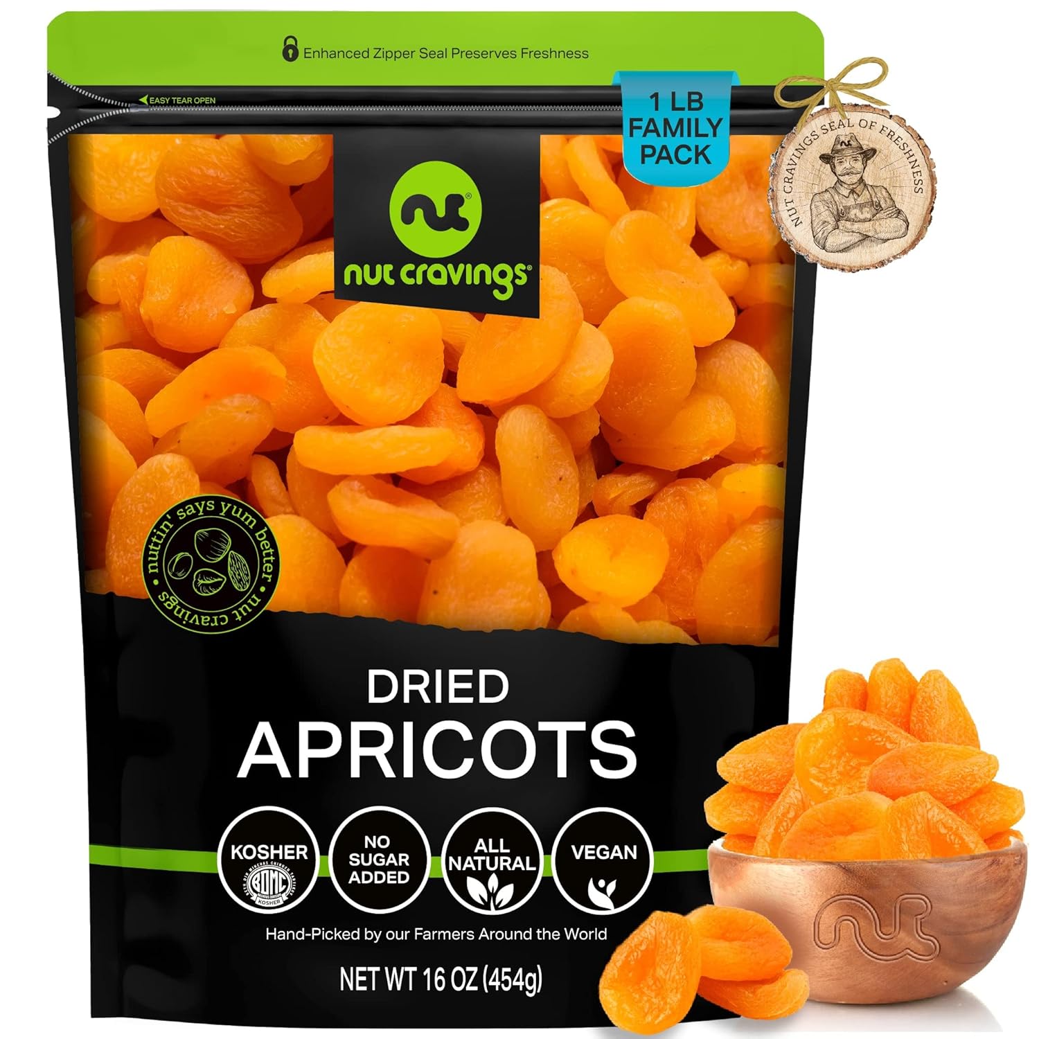 NUT CRAVINGS Dry Fruits – Sun Dried Turkish Apricots, No Sugar Added (16oz – 1 LB) Packed Fresh in Resealable Bag – Sweet Snack, Healthy Food, All Natural, Vegan, Kosher Certified