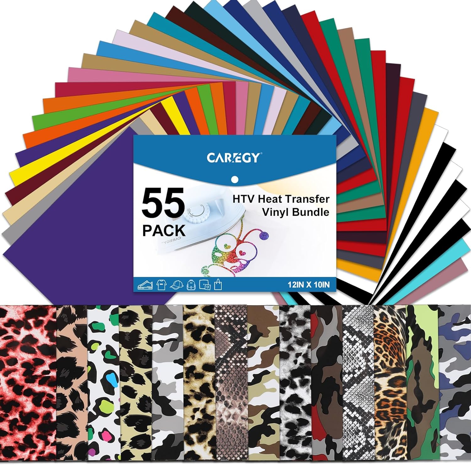 CAREGY HTV Vinyl Bundle Heat Transfer Vinyl : 55 Pack 12″ x 10″ PU Iron on Vinyl for T-Shirts, 45 Assorted Colors Heat Transfer Vinyl