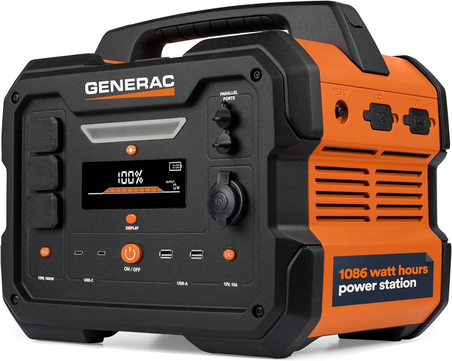 Generac 8025 GB1000 1086Wh Portable Power Station with Lithium-Ion Battery – Clean, Emission-Free Power – Wirless Charging Pad and Compact Design – Camping, RV, Indoor/Outdoor Use – Orange/Black