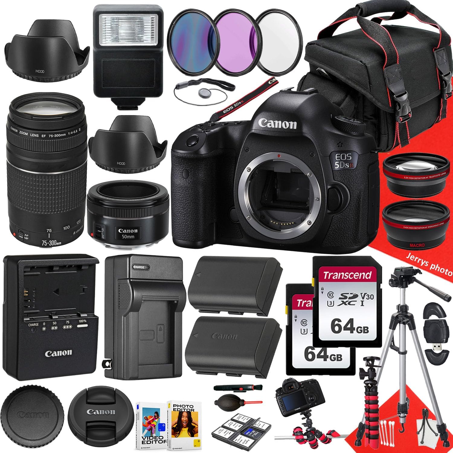 Canon EOS 5DS R DSLR Camera with Canon EF 50mm f/1.8 STM and EF 75-300mm f/4-5.6 III Lens + 128 GB Memory + Extra Battery + Slave Flash + Filters + More (37pc Bundle) (Renewed)