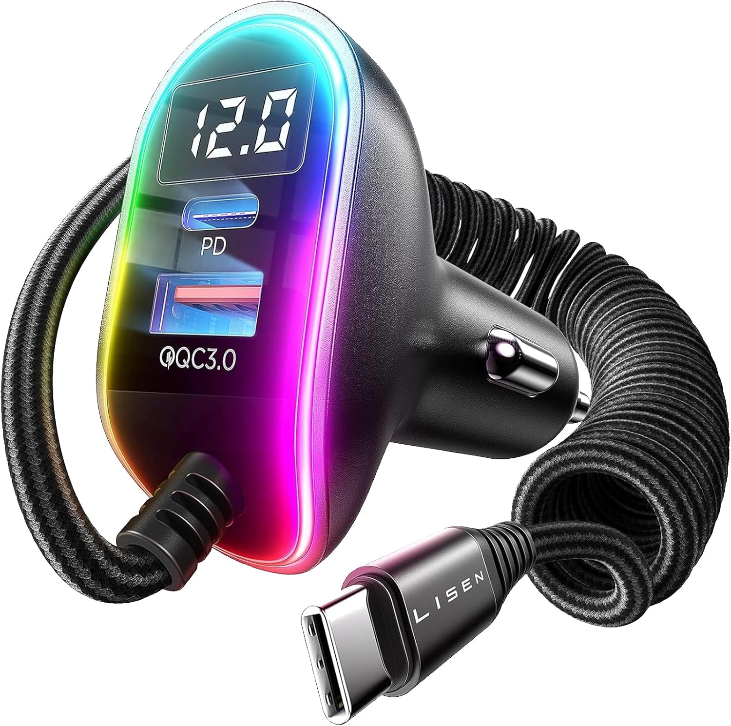 LISEN USB C 96W Super Fast Car Charger PD& QC3.0 with 5.3ft 36W Type C Coiled Cable,Car Phone Charger Adapter for iPhone 15 Pro Max Plus, Samsung Galaxy S24/S23/S22,Android, iPad Pro