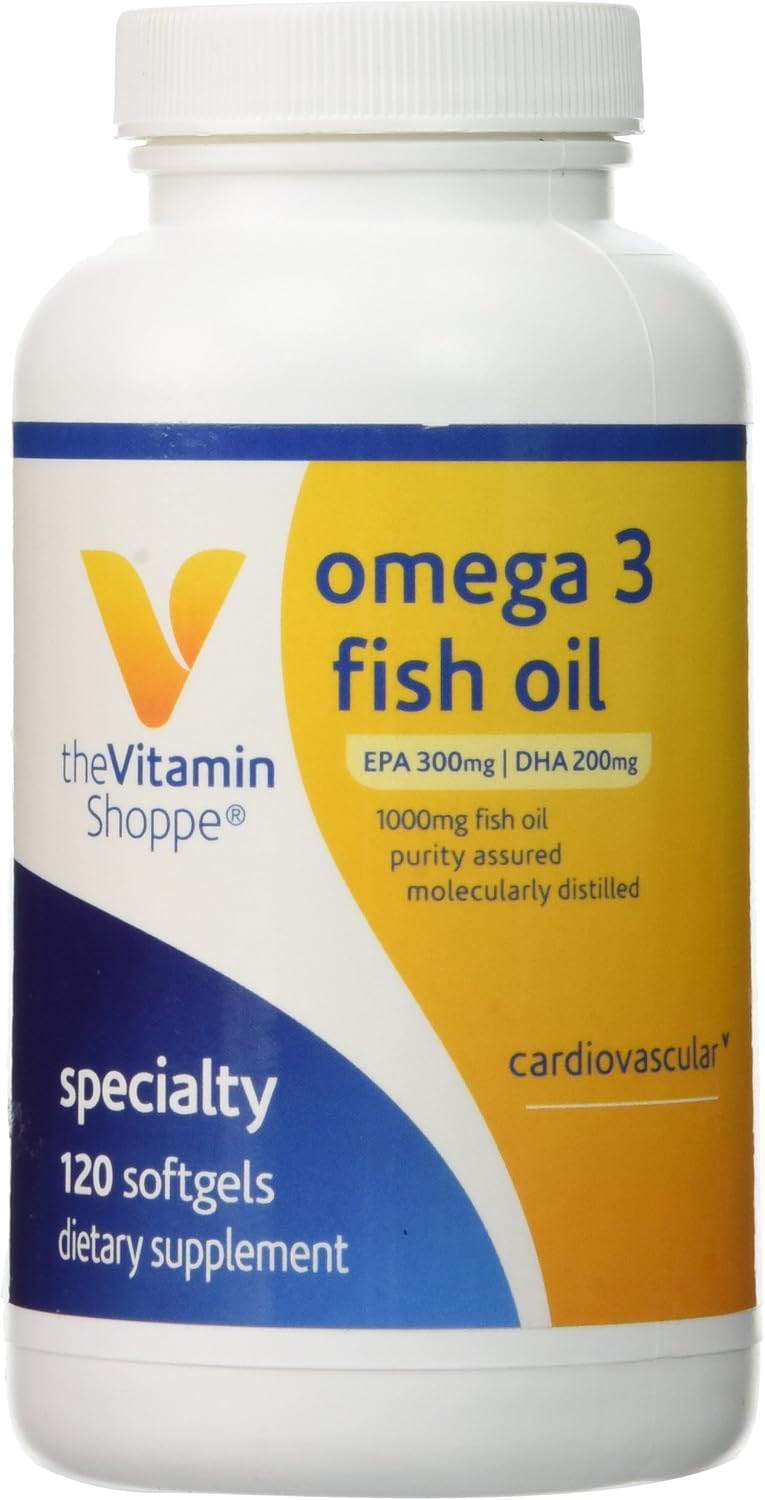 The Vitamin Shoppe Omega 3 Fish Oil 1000mg, EPA 300mg & DHA 200mg, Purity Assured, Molecularly Distilled to Support Cardiovascular, Joint and Brain Health (120 Softgels)