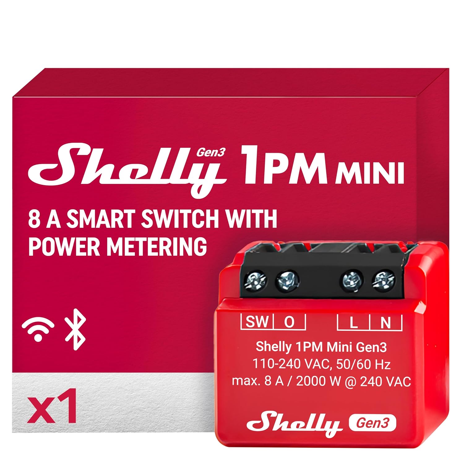 Shelly 1PM Mini Gen3 | WiFi & Bluetooth Smart Switch Relay, 1 Channel 8A with Power Measurement | Home Automation | Compatible with Alexa & Google Home | iOS Android App | No Hub Required