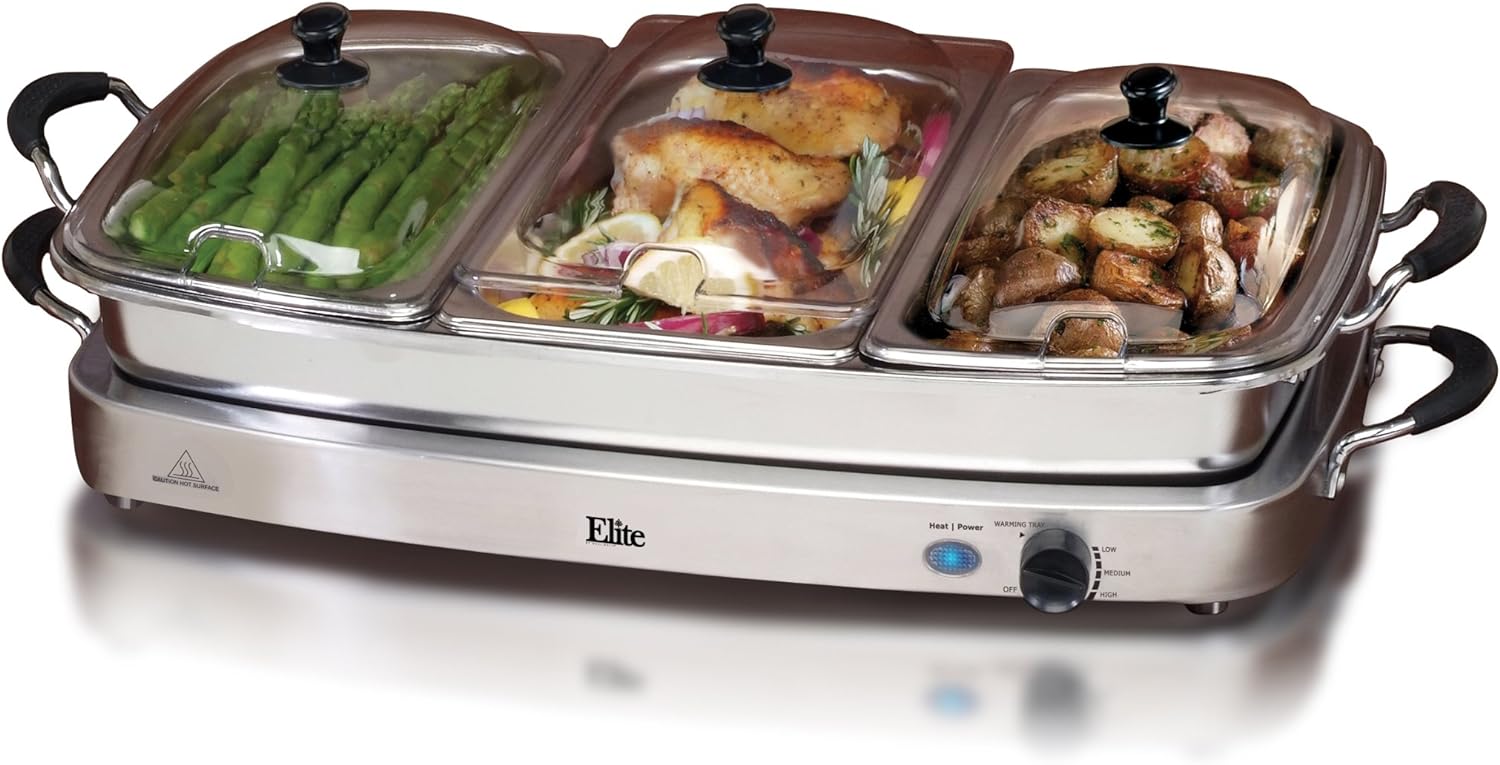 Elite Gourmet EWM-9933 Triple 3 x 2.5 Quart Trays Buffet Server 7.5 Qt Oven Safe Pan Food Warmer, Temperature Control, Clear Slotted Lids, Perfect for Parties, Entertaining & Holidays, Stainless Steel