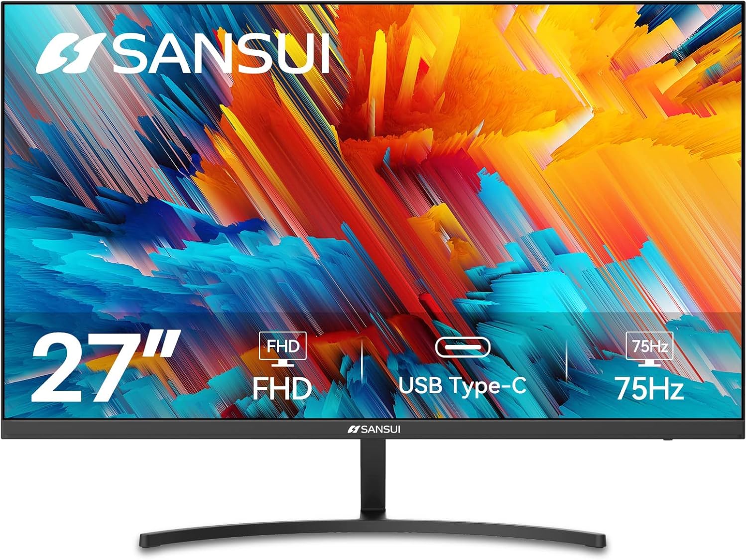 SANSUI Monitor 27 inch FHD 1080p 75Hz USB Type-C Computer Monitor HDMI VGA Built-in Speakers Headphone Eye Care VESA Compatible for Home Office(ES-27F1 Type-C Cable & HDMI Cable Included) (Renewed)