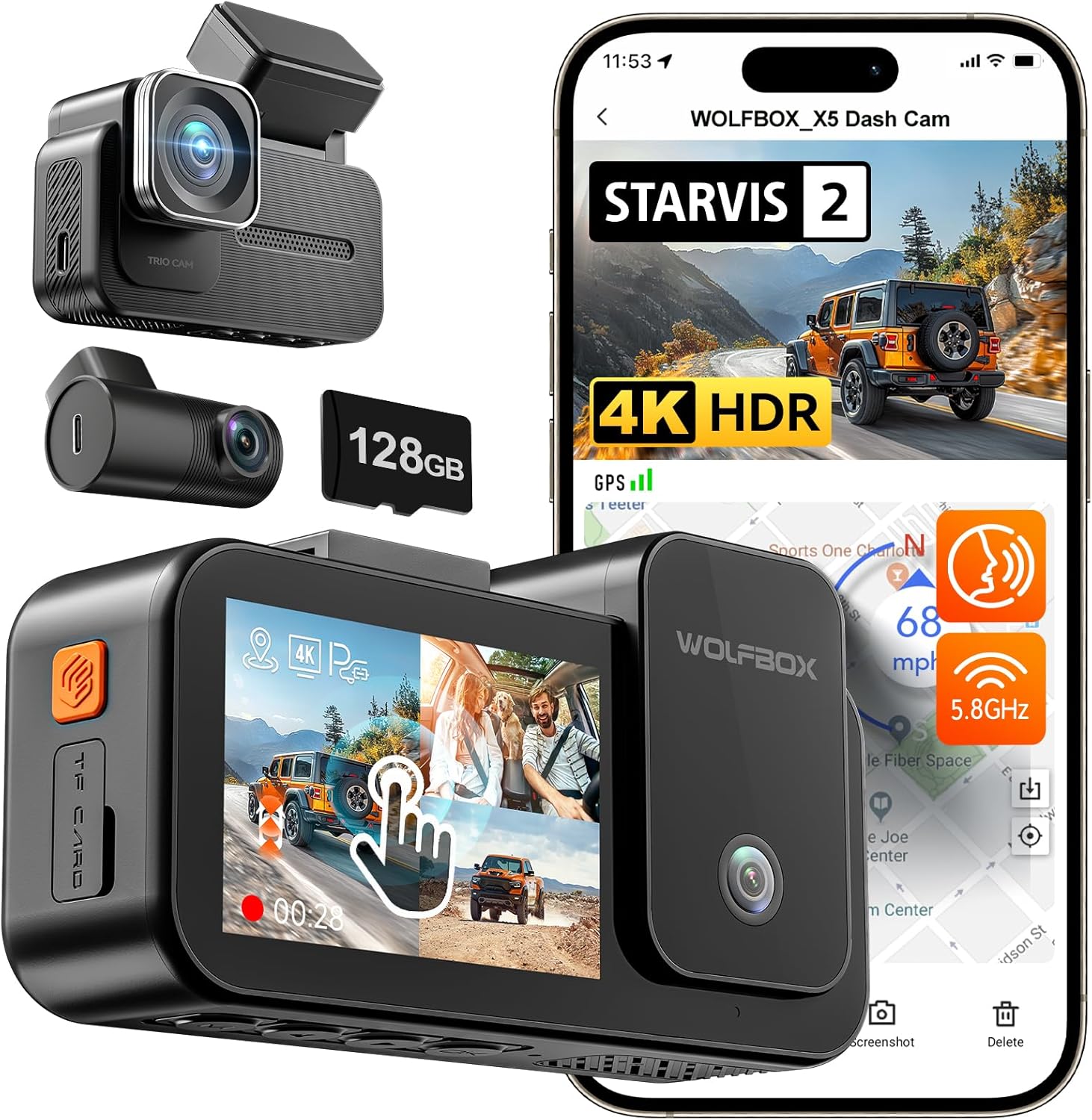 WOLFBOX X5 3 Channel 4K Dash Cam, STARVIS 2 IMX678,4K+2.5K+1080P Front and Rear Inside Triple Car Camera, Included 128GB Card, Voice Control, 5.8GHz WiFi GPS, Touch Screen, Support 512GB Max