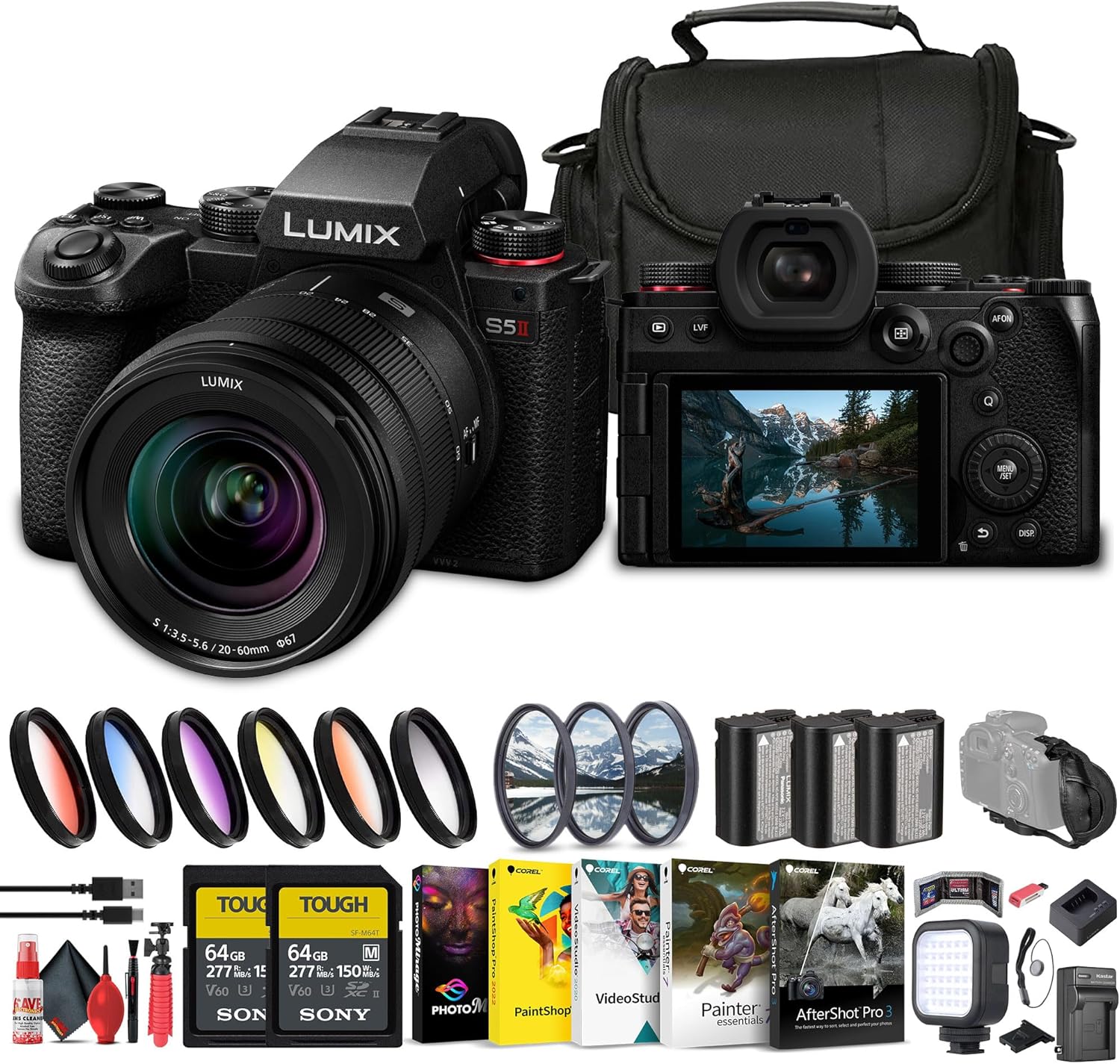 Panasonic Lumix S5 II Mirrorless Camera with 20-60mm Lens (DC-S5M2KK) + 2 x 64GB Memory Card + Filter Kit + Color Filter Kit + Corel Photo Software + 2 x DMW-BLK22 Battery + Bag + Charger + More