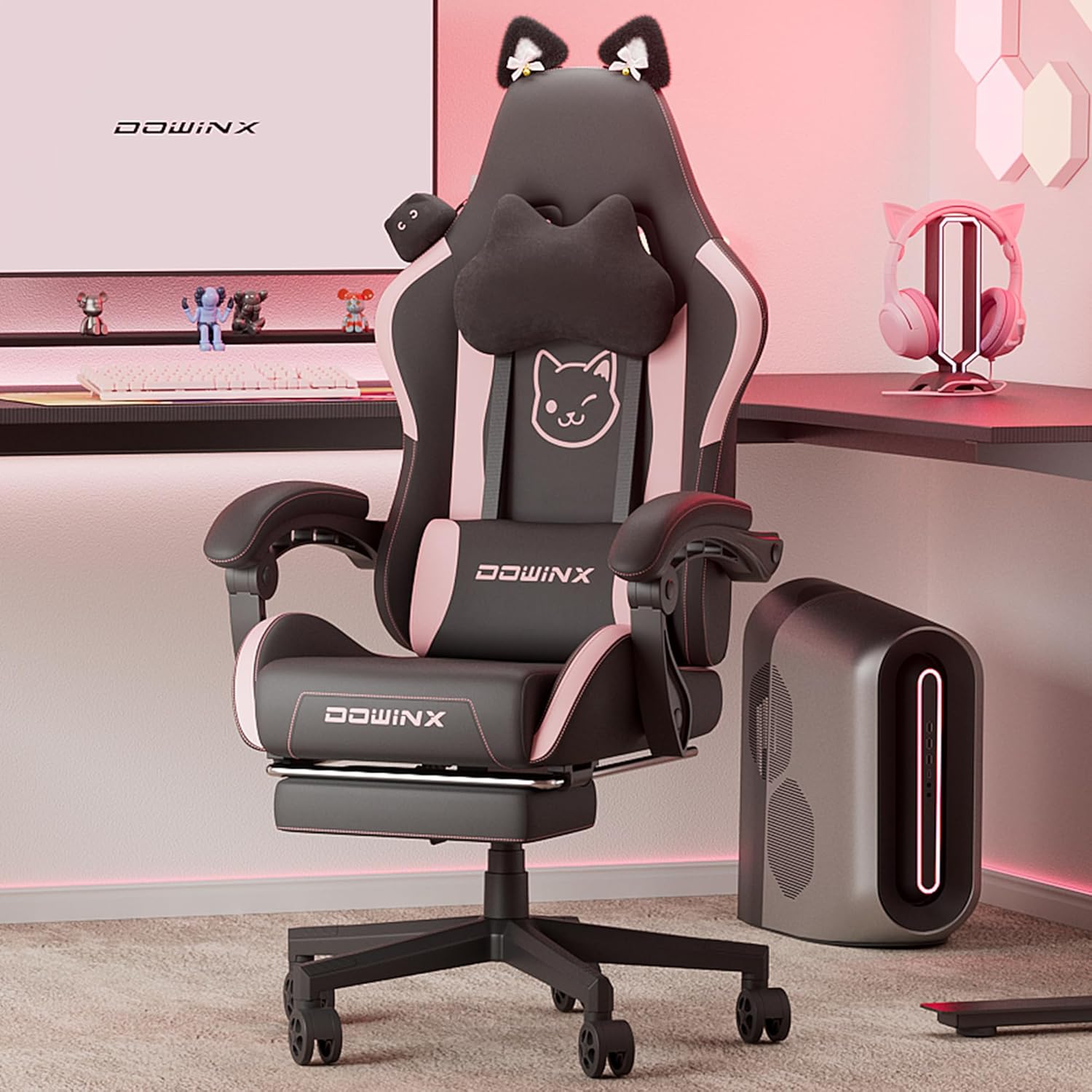 Dowinx Gaming Chair Cute with Cat Ears and Massage Lumbar Support, Ergonomic Computer Chair for Girl with Footrest and Headrest, Comfortable Reclining Game Chair 290lbs for Adult, Teen, Black