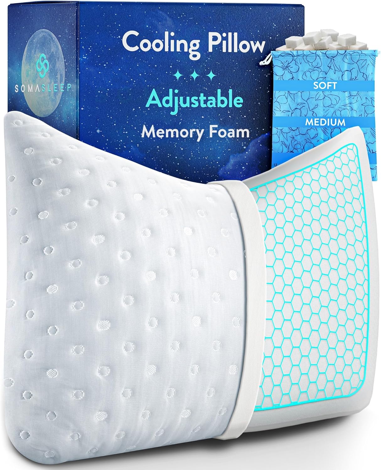 SelectSoma SomaSleep Cooling Pillow for Hot Sleepers with Lavender Scent – Curved Side Sleeper Bed Pillow – Gel Cooling Memory Foam Pillow for Neck, Back and Shoulder Pain Relief – Queen White