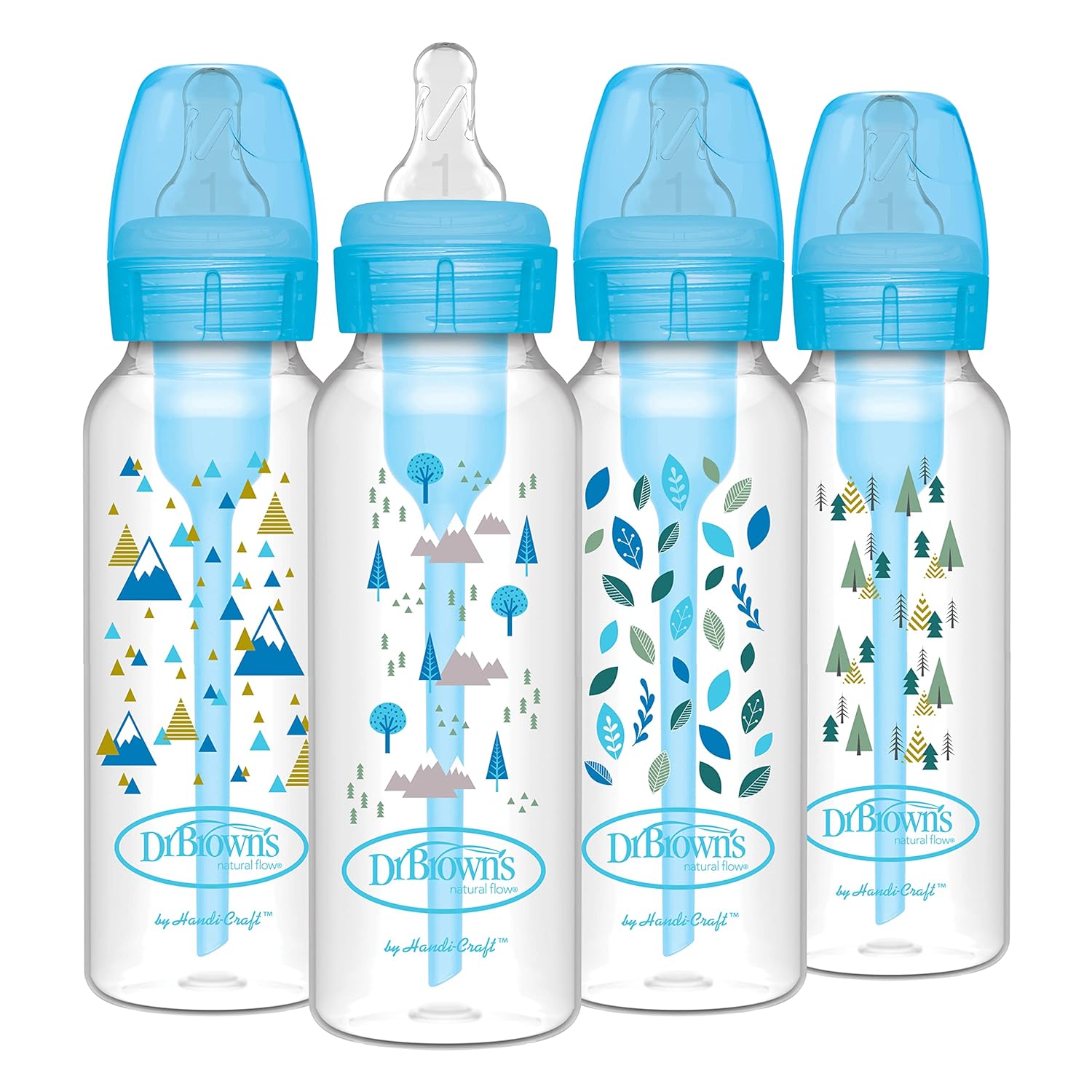 Dr. Brown’s Natural Flow Anti-Colic Options+ Narrow Baby Bottle, Blue Nature, 8 oz/250 mL, with Level 1 Slow Flow Nipples, 0m+, 4 count (Pack of 1)