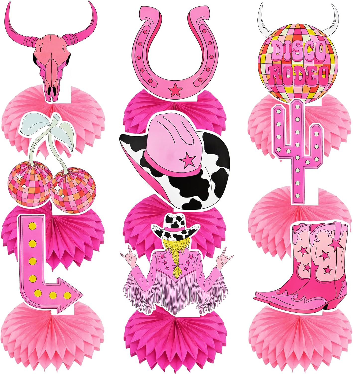 Disco Cowgirl Bachelorette Party Decorations: 9 Pcs Pink Birthday Party Decor – Lets Go Girls Honeycomb Centerpiece for Table – Party Supplies for Last Rodeo Western Cowgirl Theme Baby Shower