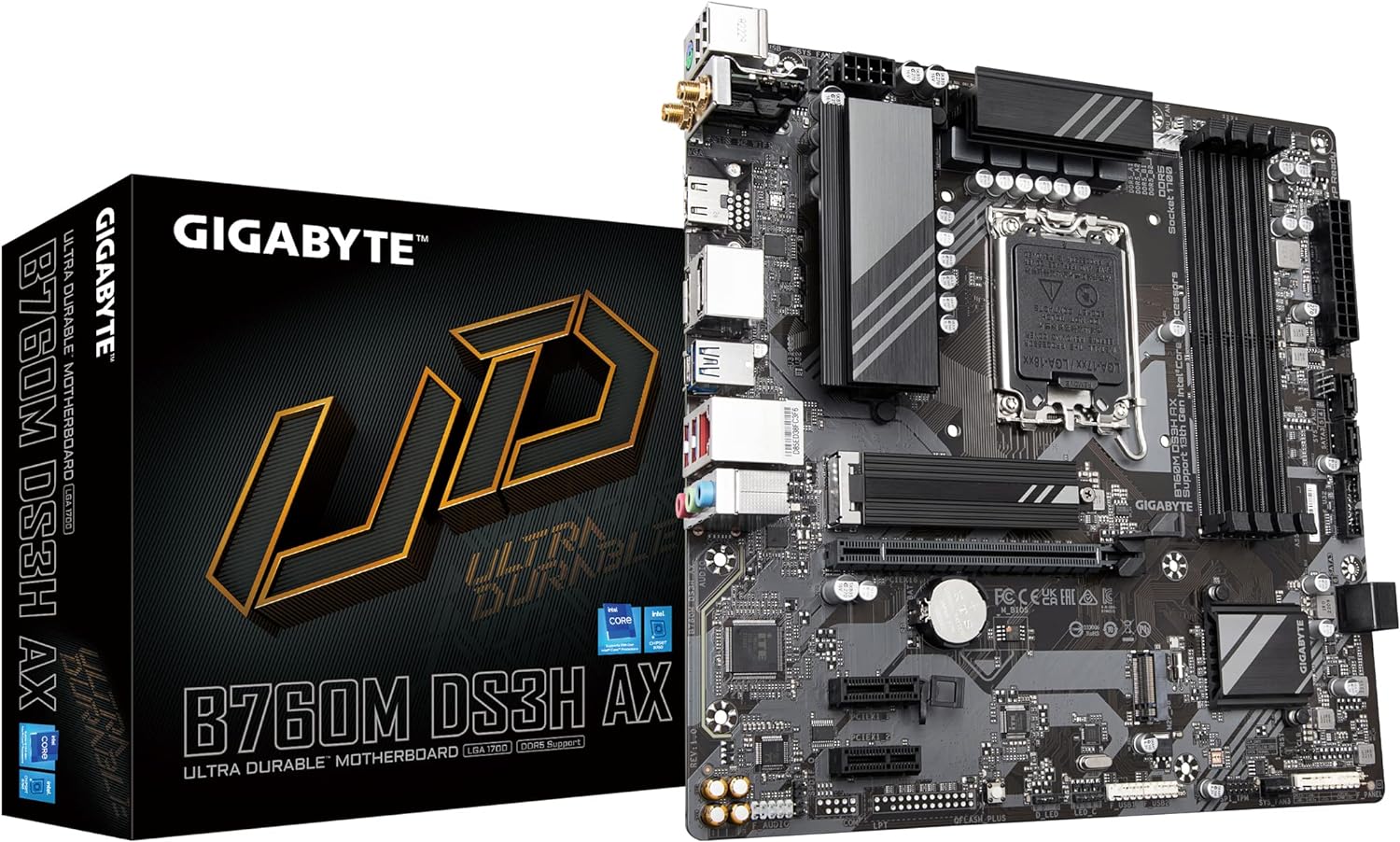 GIGABYTE B760M DS3H AX (LGA 1700/ Intel/ B760/ M-ATX/ DDR5/ 2* M.2/ PCIe 4.0/ USB 3.2 Gen 2 Type-C/WiFi 6E/ 2.5GbE LAN/Q-Flash Plus/PCIe EZ-Latch/Motherboard)