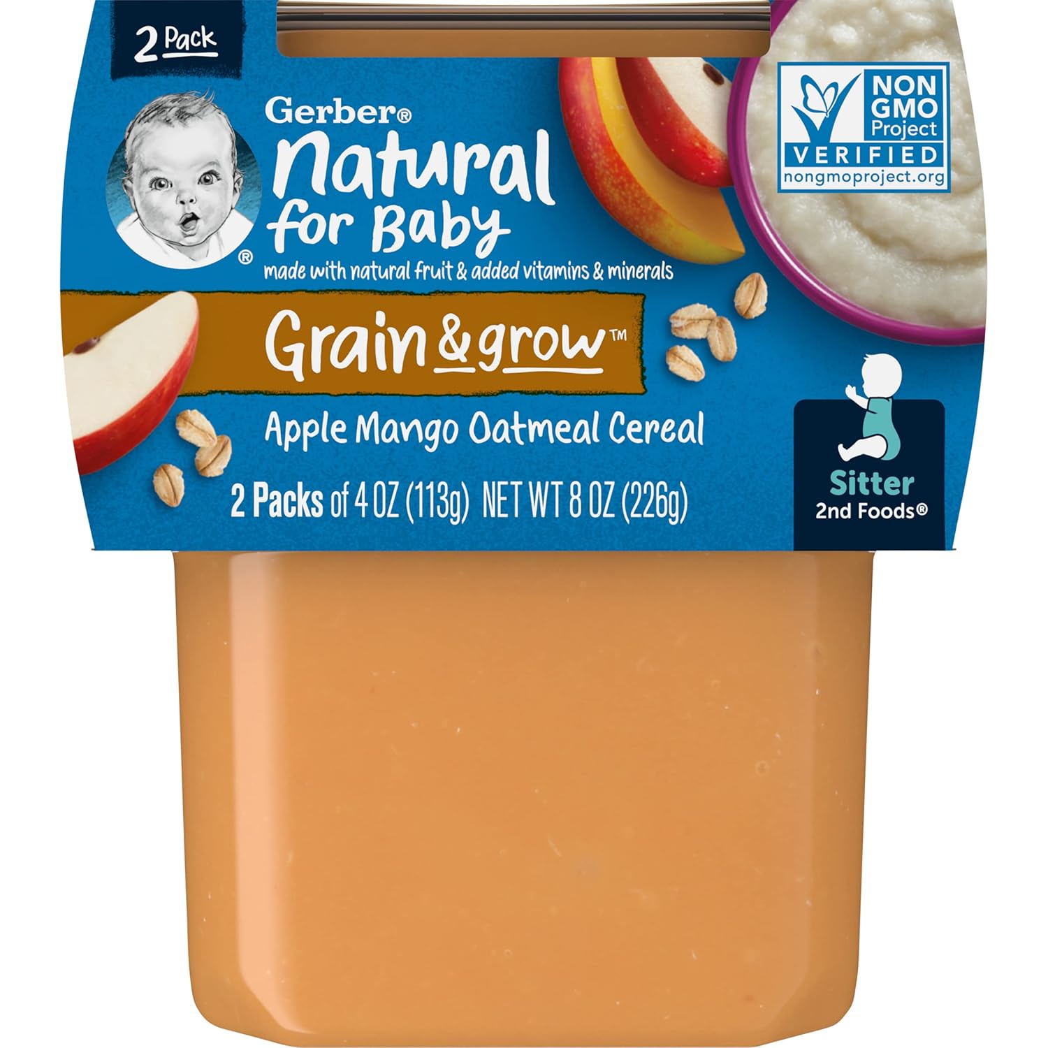 Gerber Baby Food 2nd Foods, Mixed Cereal, Apples & Mangos with Rice Cereal Puree, 4 Ounce Tubs, 2 Count (Pack of 8)