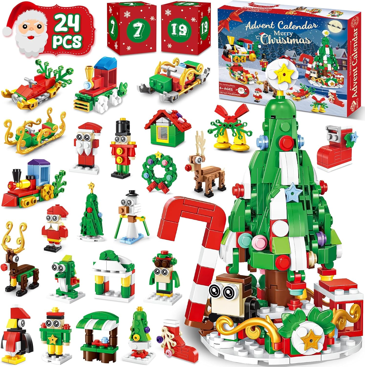 Advent Calendar 2024 Building Blocks Kit, 24 Days Surprise Christmas Countdown Building Blocks with Christmas Tree Train Deer Sleigh, Advent Calendars Christmas Vacation Gifts for Kids