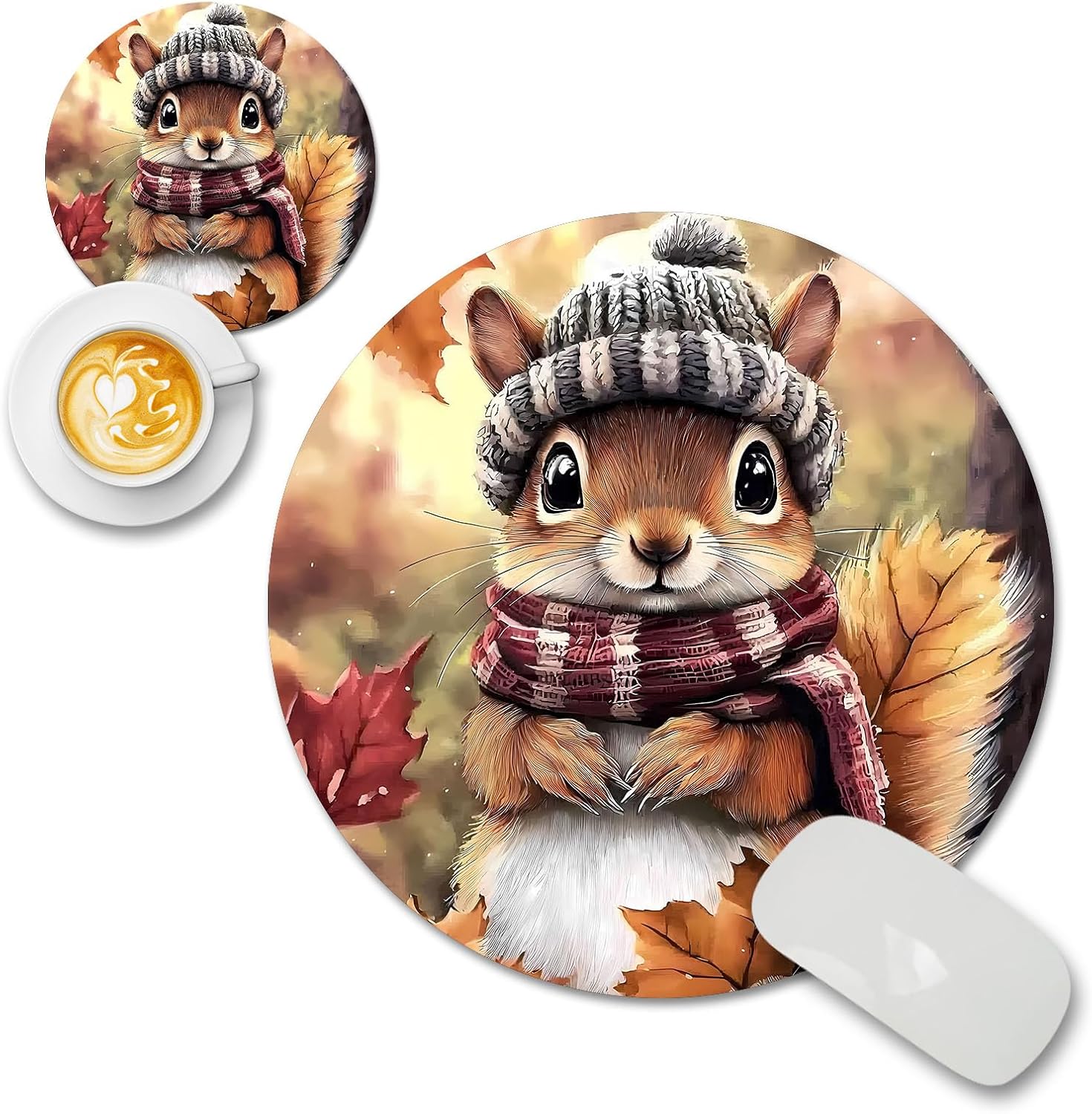 Autumn Squirrel Design Vibrant Cute Round Mouse Pad Aesthetic for Desk Accessories, Girly Mousepad Fun Office Decor Lessens The Tedium of Your Workday, Portable Mousepad for Office Gaming Travel