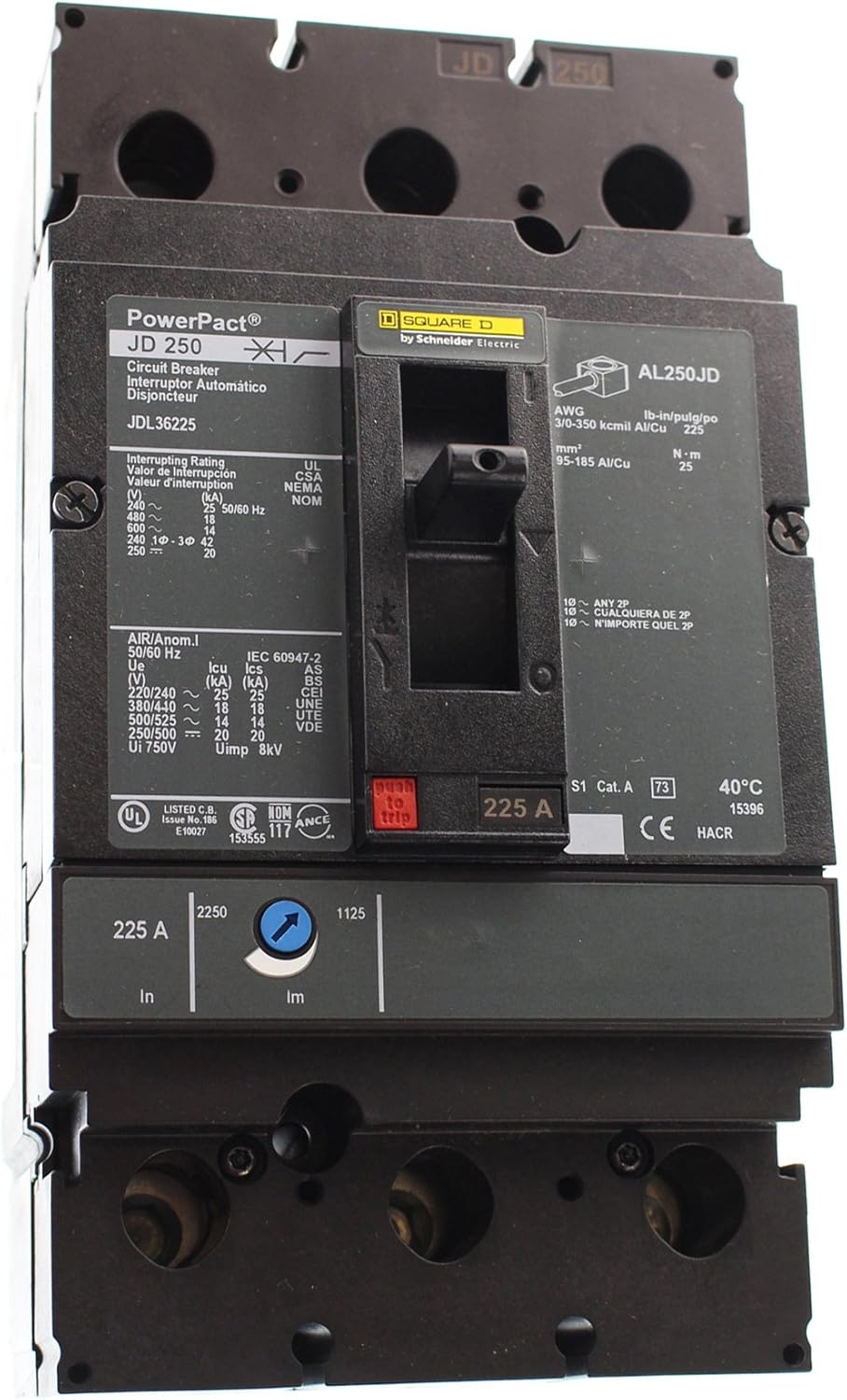 SCHNEIDER ELECTRIC 600-Volt 225-Amp JDL36225 Molded Case Circuit Breaker 600V 225A