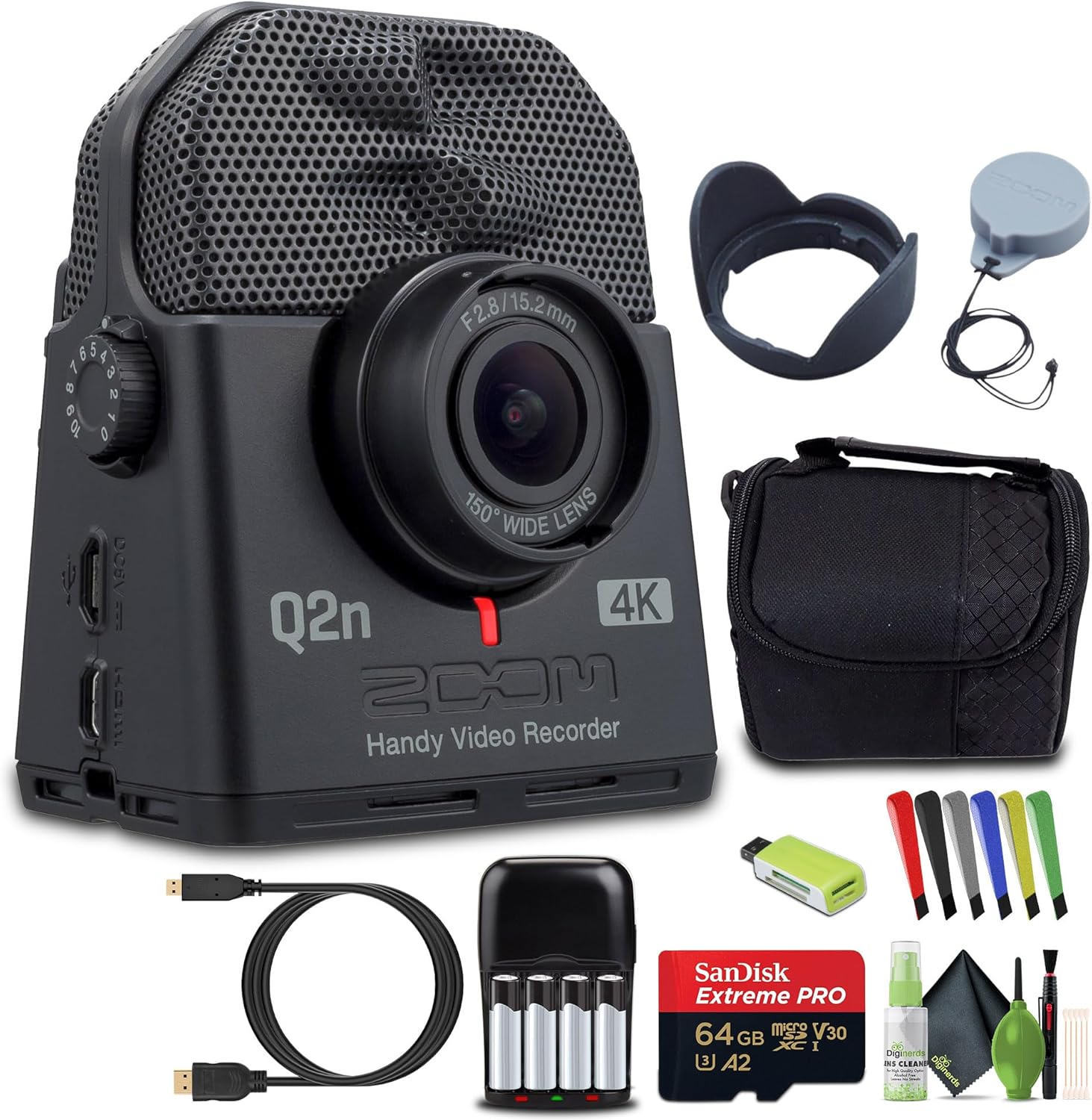 Zoom Q2n-4K Handy Video Recorder, 4K/30P UHD Video, Compact Size, Stereo Microphones, Wide Angle Lens, for Recording Music, Video, YouTube Videos, Livestreaming Bundle with Accessories