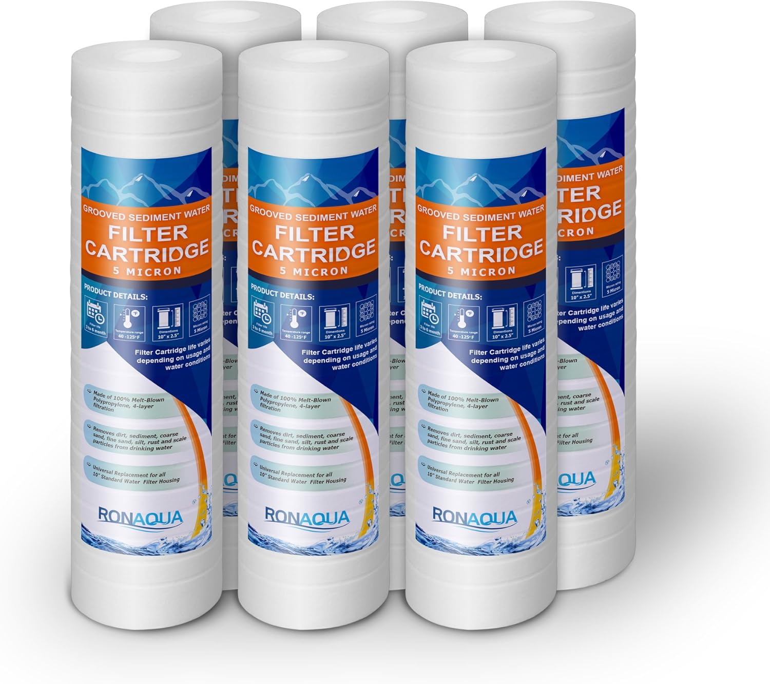 Grooved Sediment Water Filter Cartridge by Ronaqua 10″x 2.5″, Four Layers of Filtration, Removes Sand, Dirt, Silt, Rust, made from Polypropylene (6 Pack, 5 Micron)