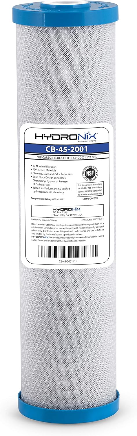 Hydronix CB-45-2001 Whole House, Commercial & Industrial NSF Coconut Carbon Block Water Filter, 4.5″ x 20″ – 1 Micron