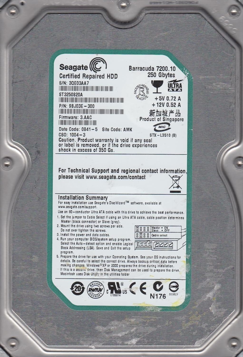 Seagate ST3250820A Barracuda 250GB 3.5″ Internal Hard Drive IDE Ultra ATA-100 EIDE 7200RPM 8MB