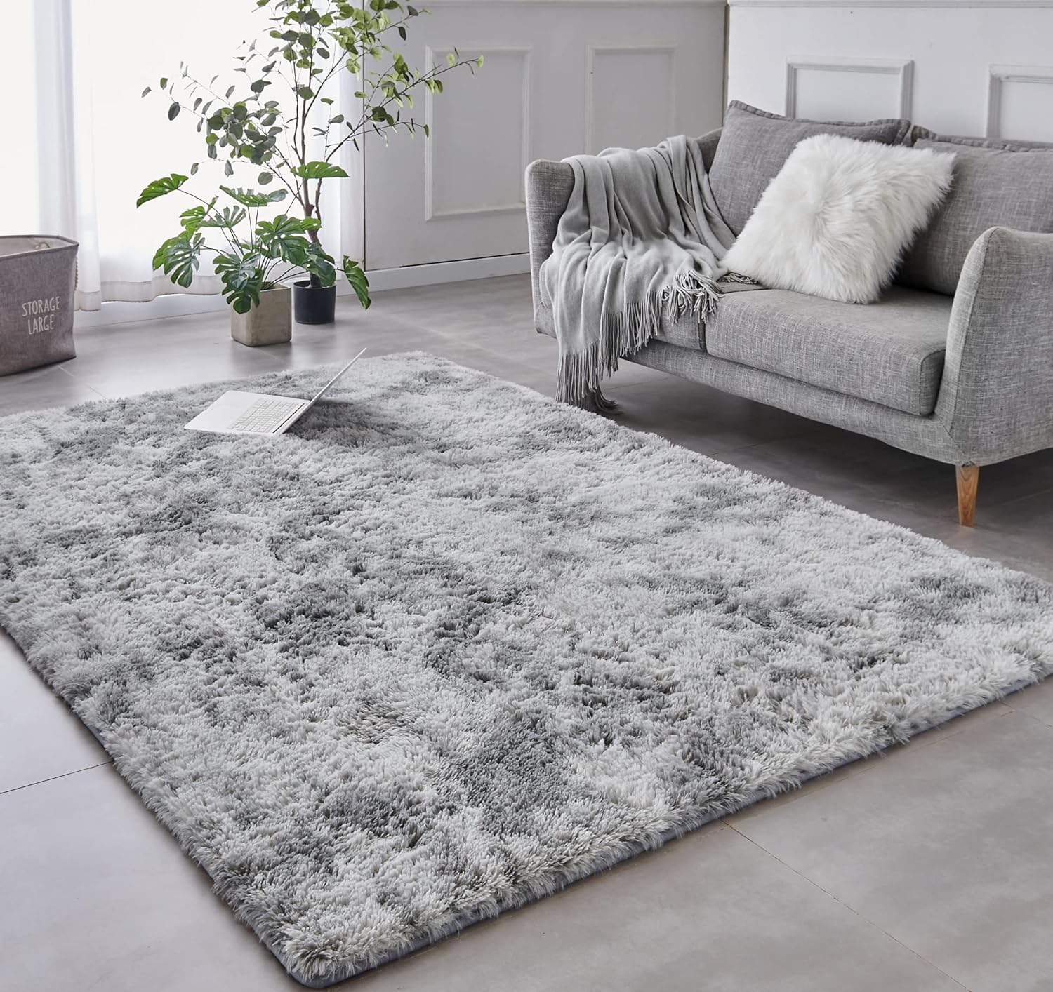 TABAYON Extra Large Shag Area Rug, 9×12 Feet Tie-Dyed Light Grey Indoor Ultra Soft Plush Rugs for Living Room, Non-Skid Modern Nursery Faux Fur Rugs for Home Decor