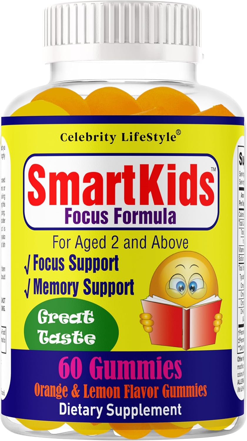 Smartkids Brain Booster Focus Gummies for Kids & Teens, Omega 3 DHA Gummy Vitamins, Nootropics Brain Support Supplement, Memory Supplement for Brain (1 Bottle) 60 Gummies