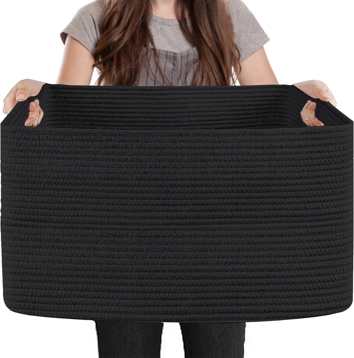 Extra Large Rectangle Storage Basket, 23.6″ x 17″ x 12″ Black Blanket Basket Storage for Living Room, Large Soft Woven Cotton Rope Basket, Kids Toy Baskets Organizer Bins, Wicker Basket