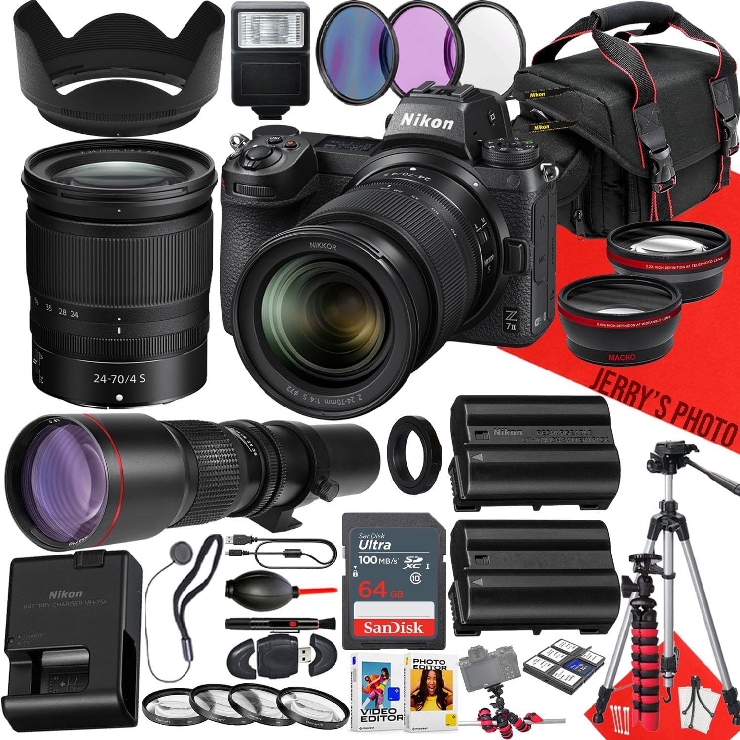 Nikon Z7 II Mirrorless Camera with NIKKOR Z 24-70mm f/4 S and 500mm Lens + 64 GB Memory + Extra Battery + Filters + Tripod + More (37pc Bundle) (Renewed)