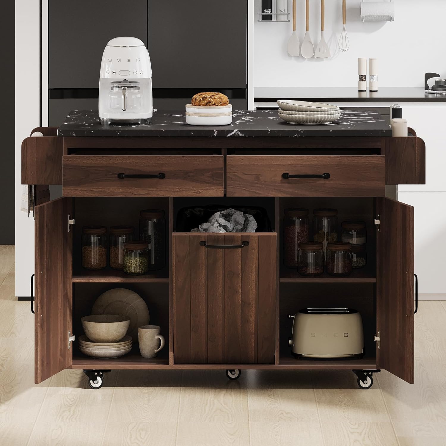 Kitchen Island with Trash Can Storage Cabinet, Kitchen Cart with Drop Leaf, Spice Rack, Towel Rack and Drawer, Rolling Kitchen Island on Wheels with Adjustable Shelf (Brown, 51.06)