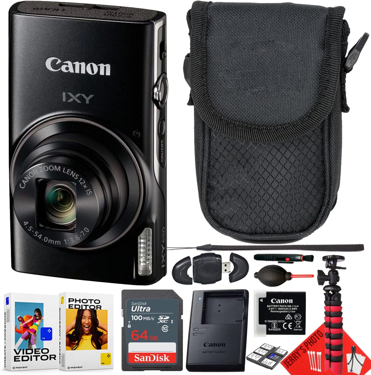 Canon PowerShot IXY 650 / ELPH 360 HS Compact Digital Camera 12x Optical Zoom (Black) Bundle with 64GB Memory Card + Camera Case + Card Reader + Spider Tripod + More (13pc Bundle) (Renewed)