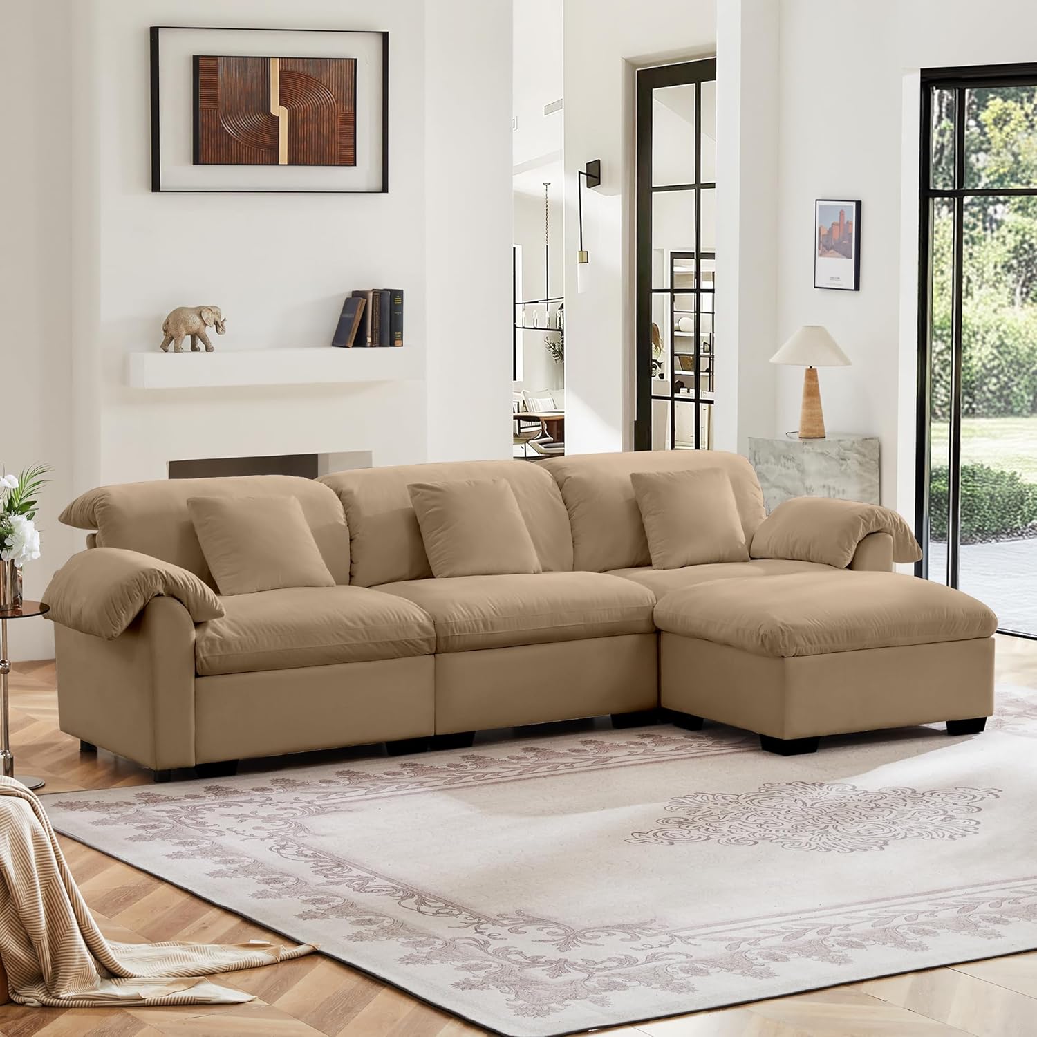 119″ Oversized Modular Sectional Couch with Storage Ottoman Deep Seat 3-Seat Velvet Sofa with Hidden Storage Upholstered Modern Comfy Cloud Couch Modular Sofa for Living Room Bedroom Apartment, Tan