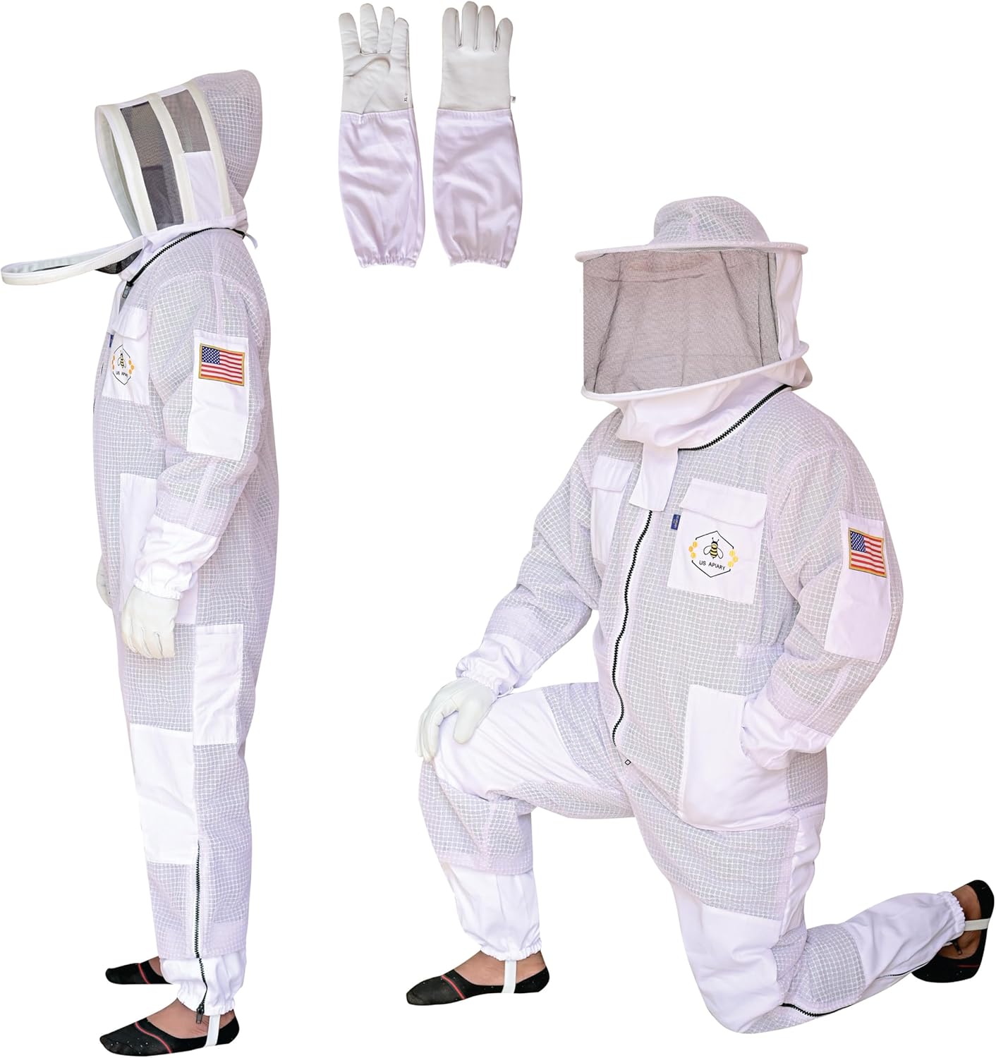 3 Layer Bee Suit with Fencing Veil and Round Veil One Pair Gloves Sting Proof Ventilated Beekeeping Suit, 2 Veils