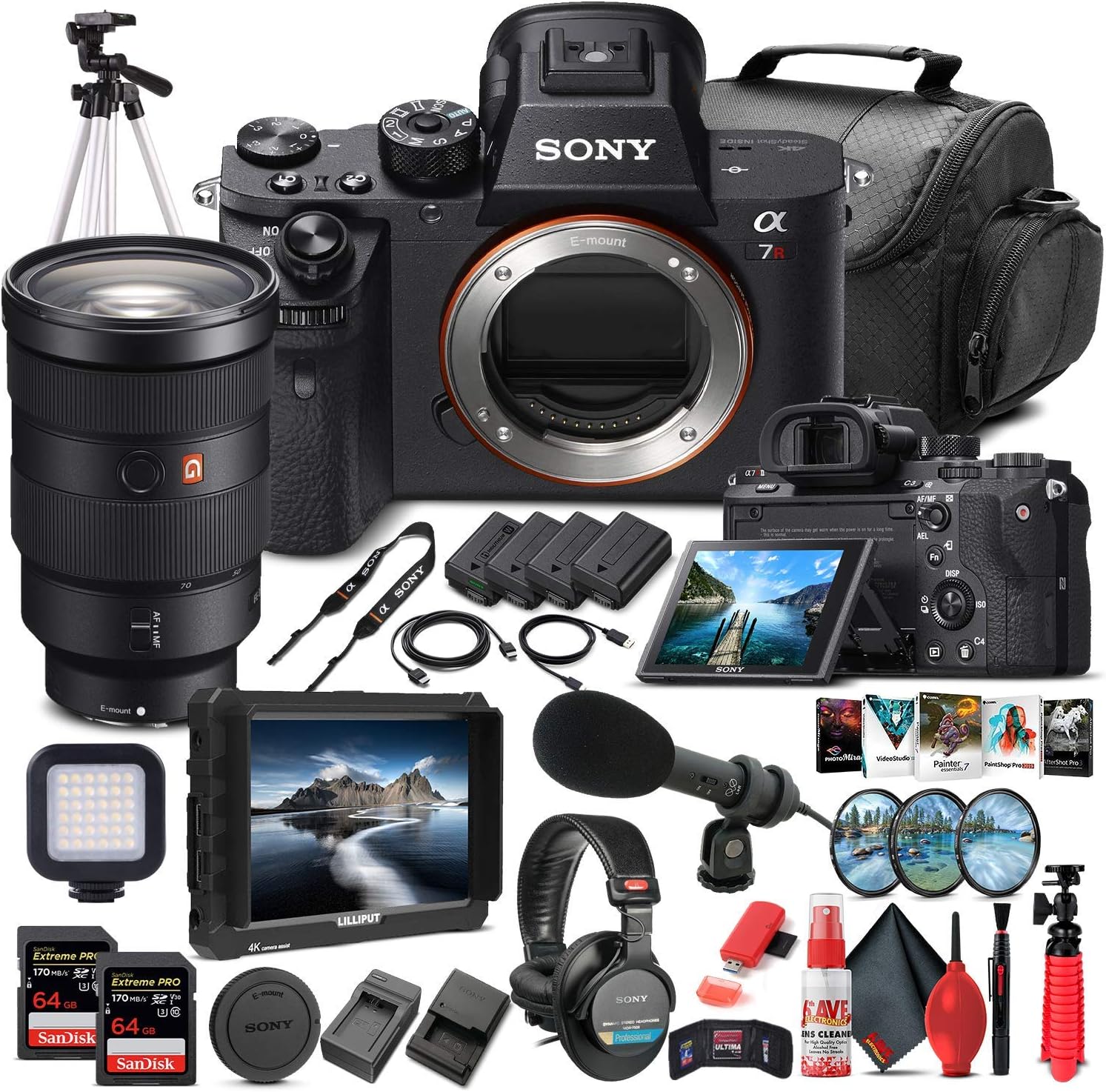 Sony Alpha a7R II Mirrorless Digital Camera (Body Only) (ILCE7RM2/B) + Sony FE 24-70mm Lens + 4K Monitor + Headphones + Pro Mic + 2 x 64GB Memory Card + Corel Photo Software + Tripod + More (Renewed)