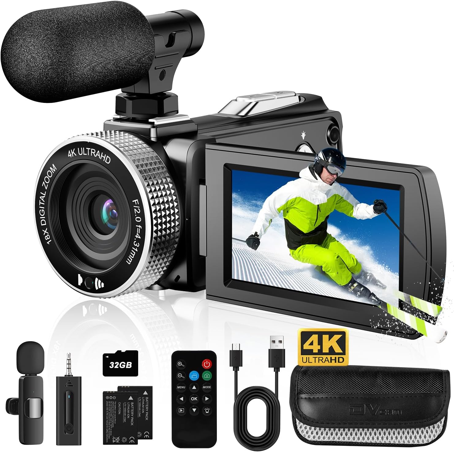 Camcorder Video Camera 4K Ultra 48MP Vlogging Camera for YouTube 18X Digital Zoom Camcorder 3.0″ IPS Screen Video Recorder with Wireless Lavalier Microphone, Controller, 2 Batteries and 32G SD Card