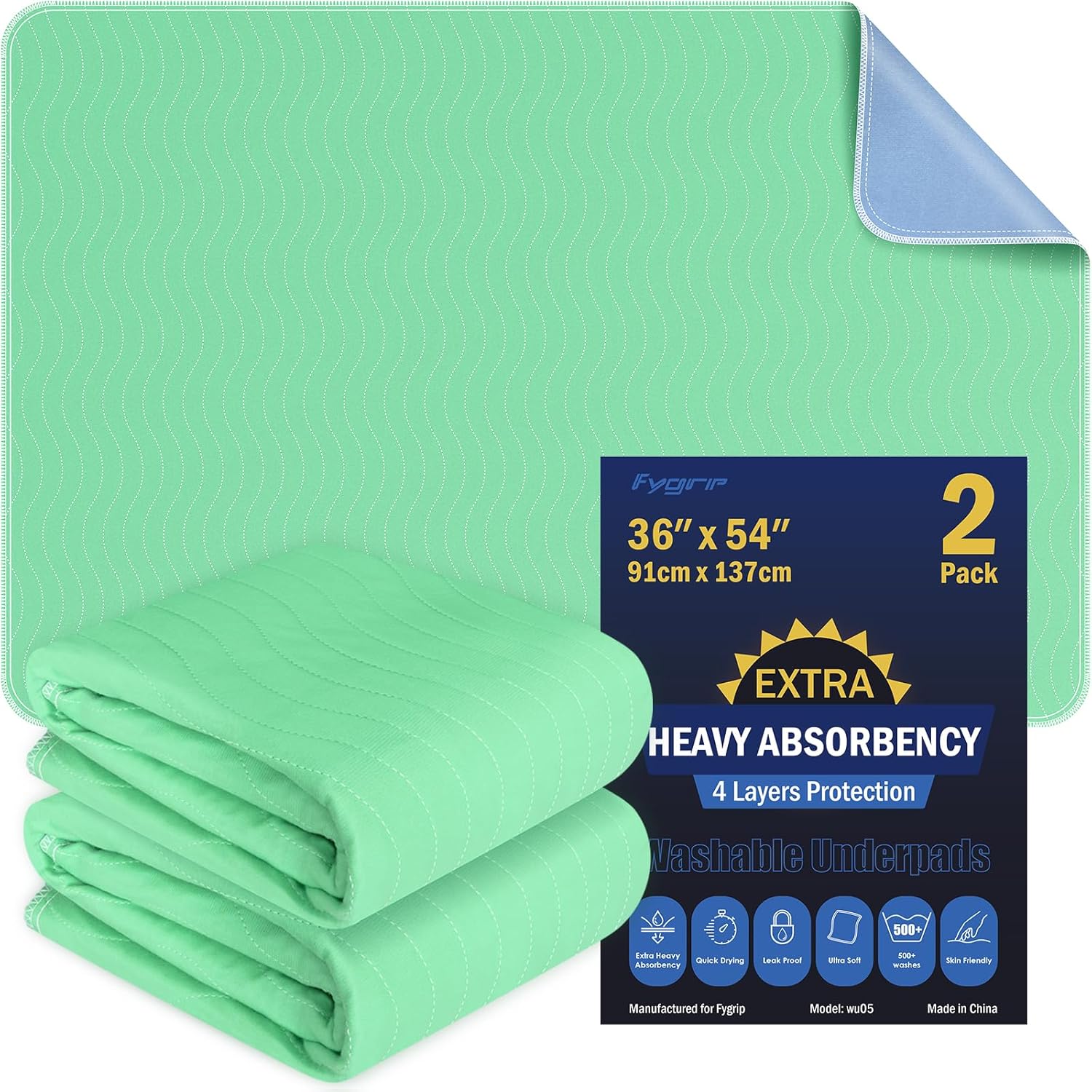 2 Pack 36” x 54” Extra Heavy Absorbency Washable Underpads, Waterproof Nursing Pads Incontinence Bed Pads, Reusable Washable Pee Pads for Dogs, Diaper Changing & Adults, Mattress Protector