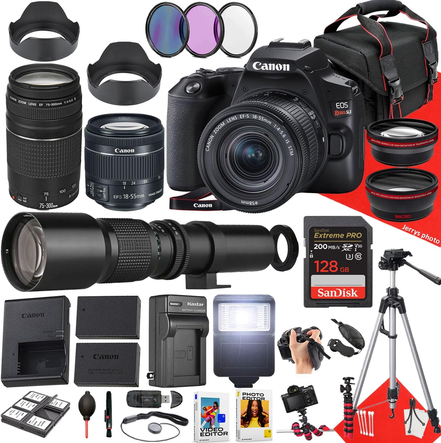 Canon EOS Rebel SL3 DSLR Camera with EF-S 18-55mm f/4-5.6 is STM, EF 75-300mm f/4-5.6 III and 500mm f/8.0 Preset Telephoto Lens + 128 GB Memory + Filters + More (37pc Bundle) (Renewed)